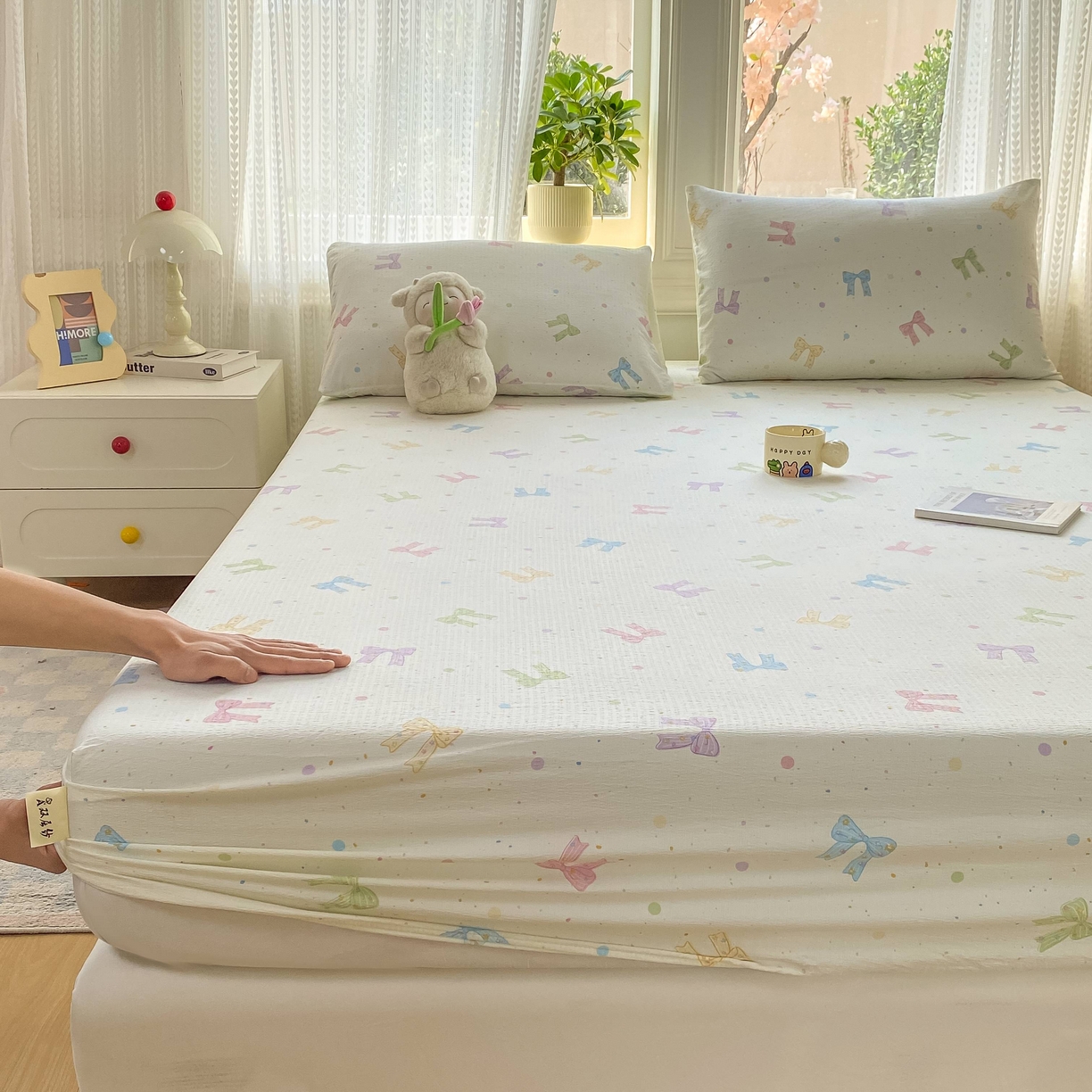 91家纺网 家纺一手货源 找家纺 眠势力 2026新款双层纱床笠单件云感皱皱纱床罩三件套床垫保护套 缤纷彩结