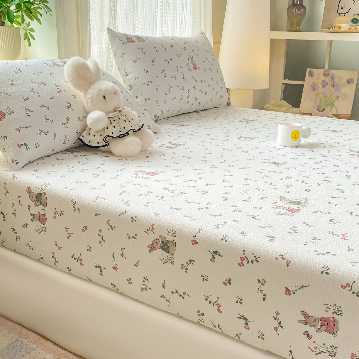 91家纺网 家纺一手货源 找家纺 眠势力 2026新款双层纱床笠单件云感皱皱纱床罩三件套床垫保护套 青樱兔语