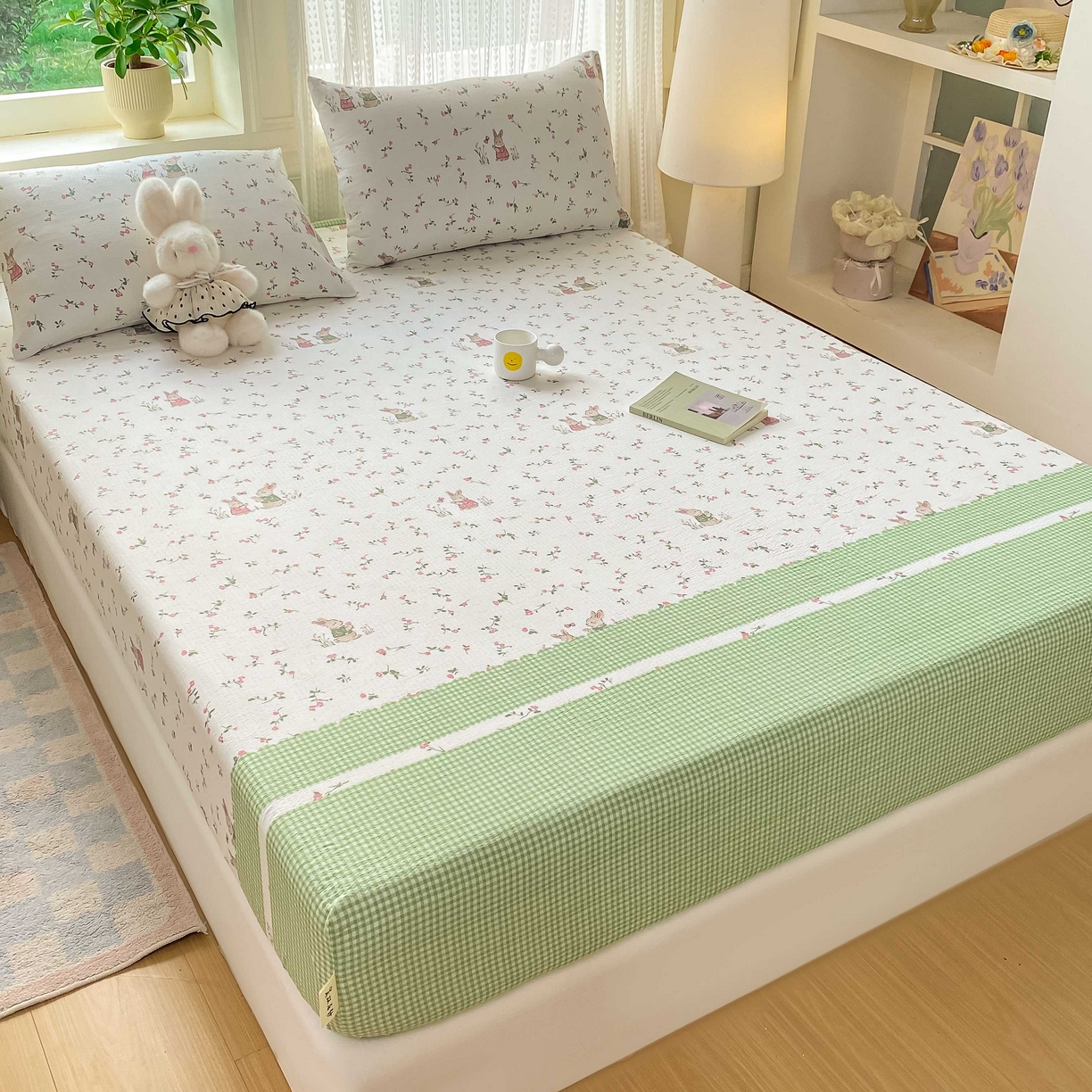 91家纺网 家纺一手货源 找家纺 眠势力 2026新款双层纱床笠单件云感皱皱纱床罩三件套床垫保护套 青樱兔语