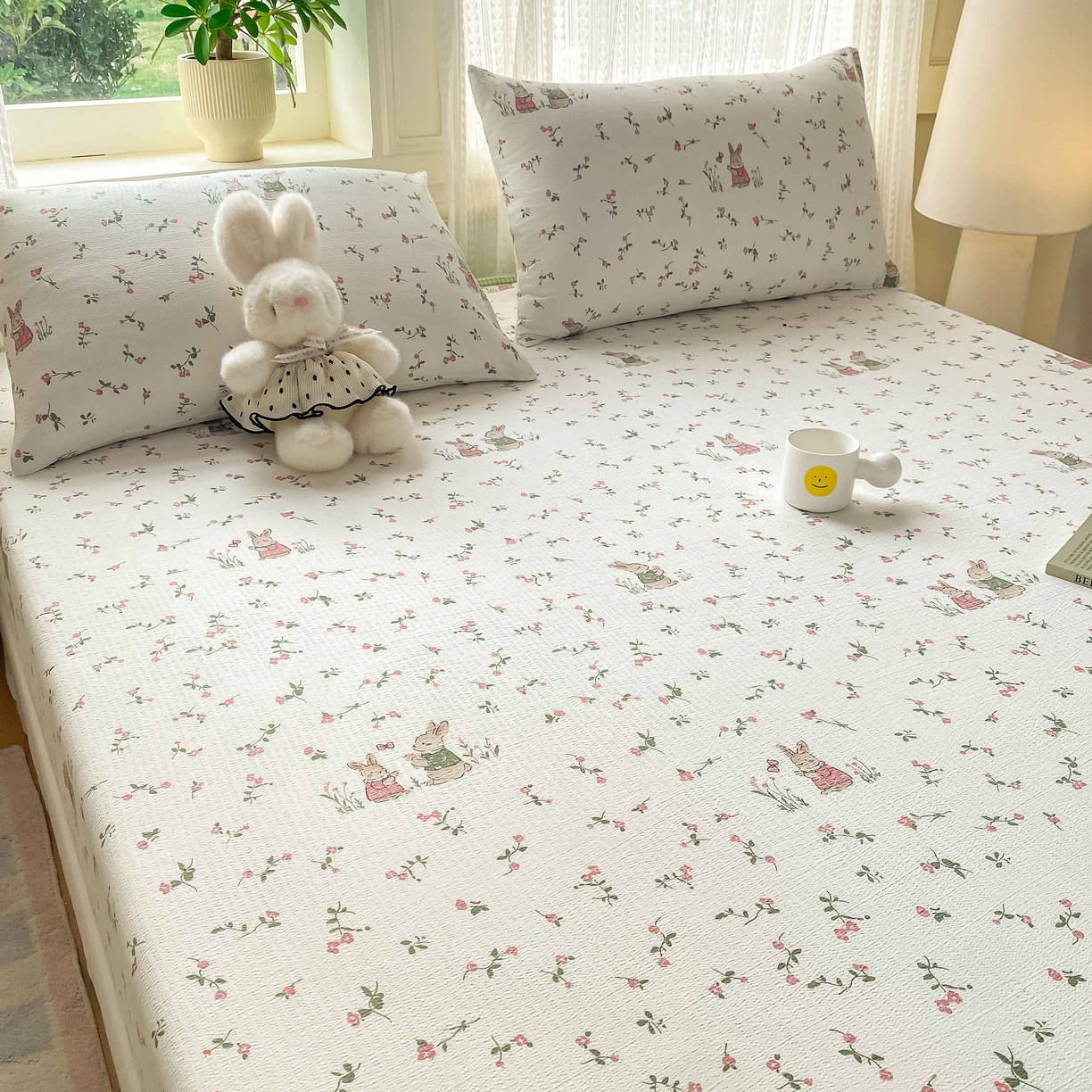 91家纺网 家纺一手货源 找家纺 眠势力 2026新款双层纱床笠单件云感皱皱纱床罩三件套床垫保护套 青樱兔语