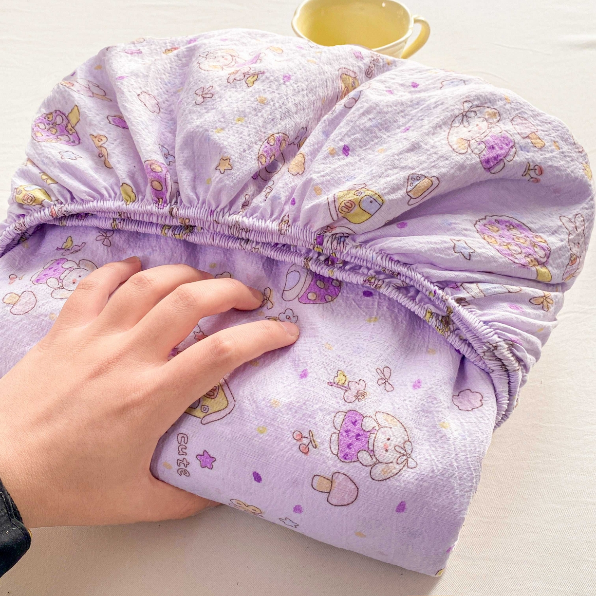 91家纺网 家纺一手货源 找家纺 眠势力 2026新款双层纱床笠单件云感皱皱纱床罩三件套床垫保护套 萌兔乐园