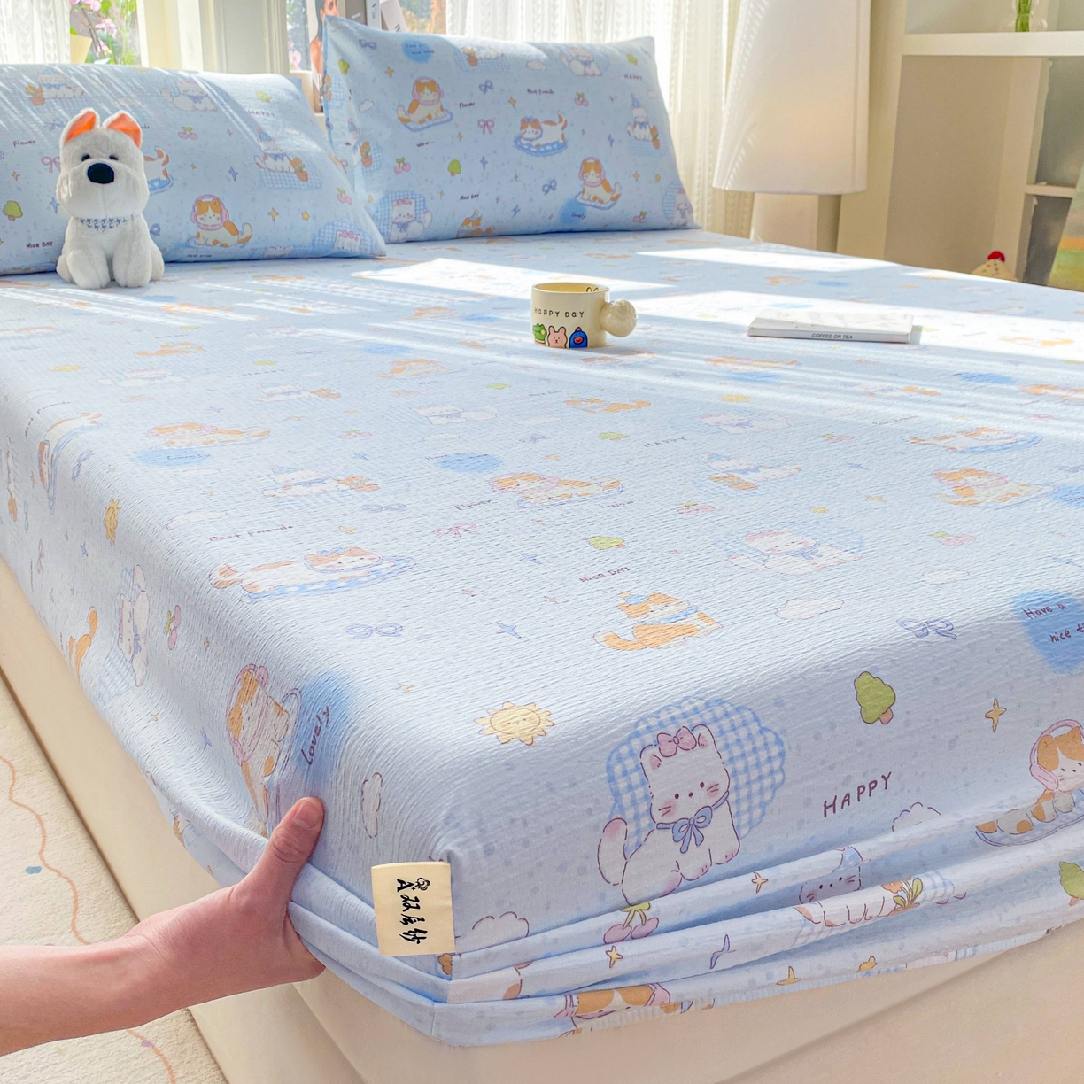 91家纺网 家纺一手货源 找家纺 眠势力 2026新款双层纱床笠单件云感皱皱纱床罩三件套床垫保护套 海盐奶猫