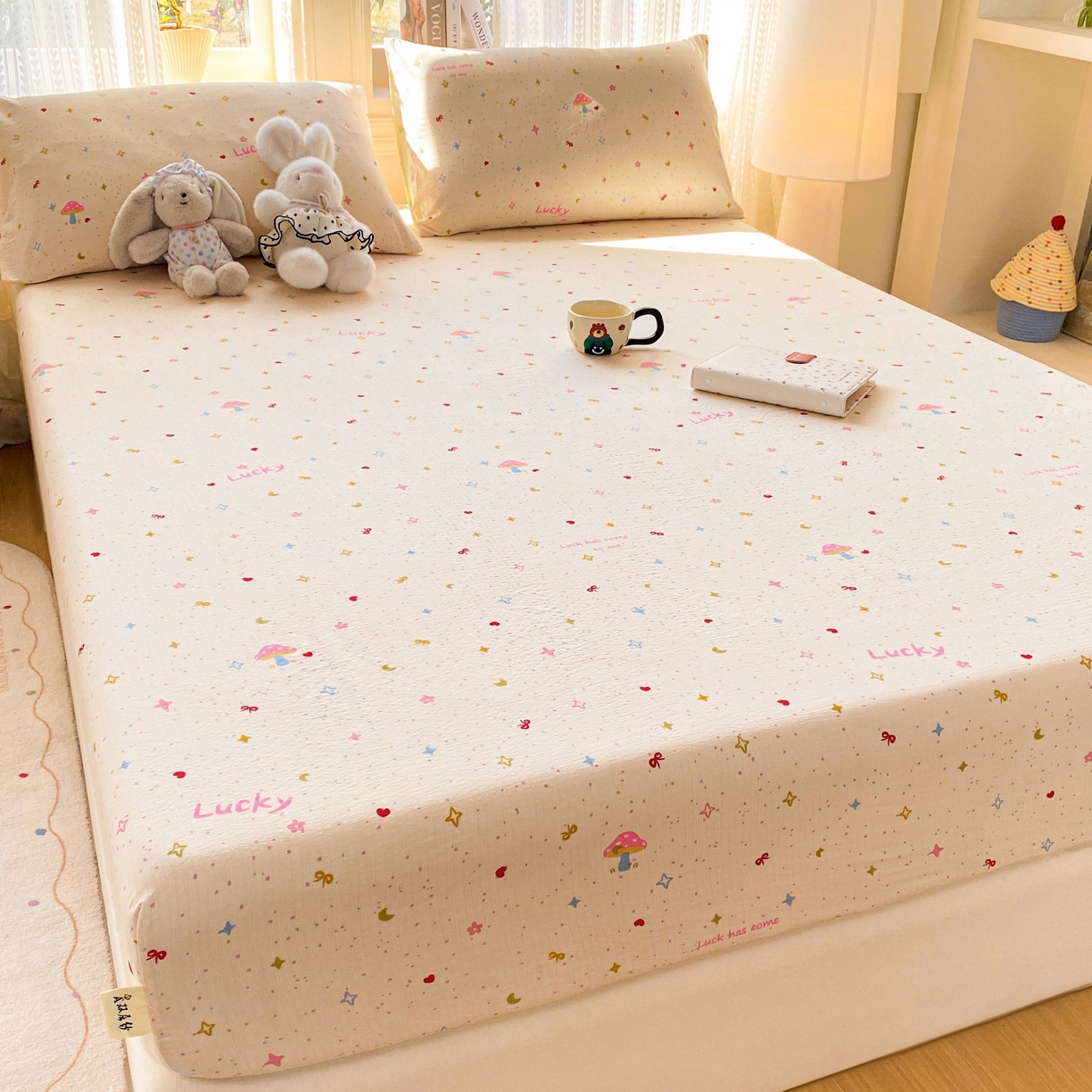 91家纺网 家纺一手货源 找家纺 眠势力 2026新款双层纱床笠单件云感皱皱纱床罩三件套床垫保护套 星梦甜心