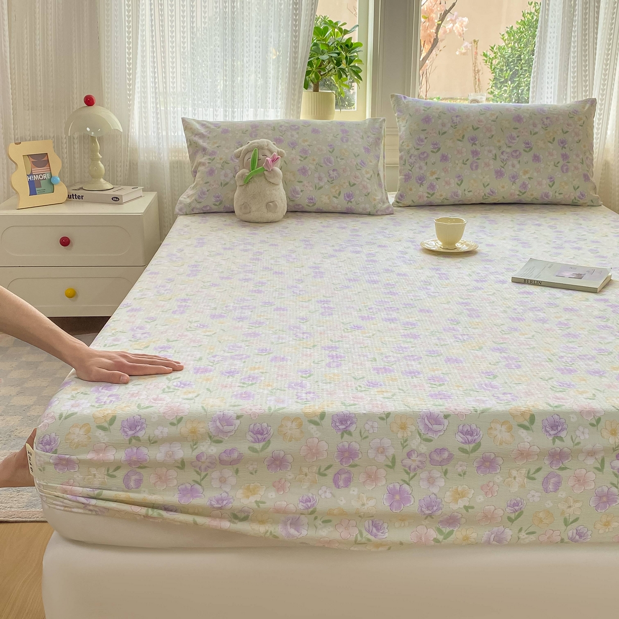 91家纺网 家纺一手货源 找家纺 眠势力 2026新款双层纱床笠单件云感皱皱纱床罩三件套床垫保护套 春野织梦