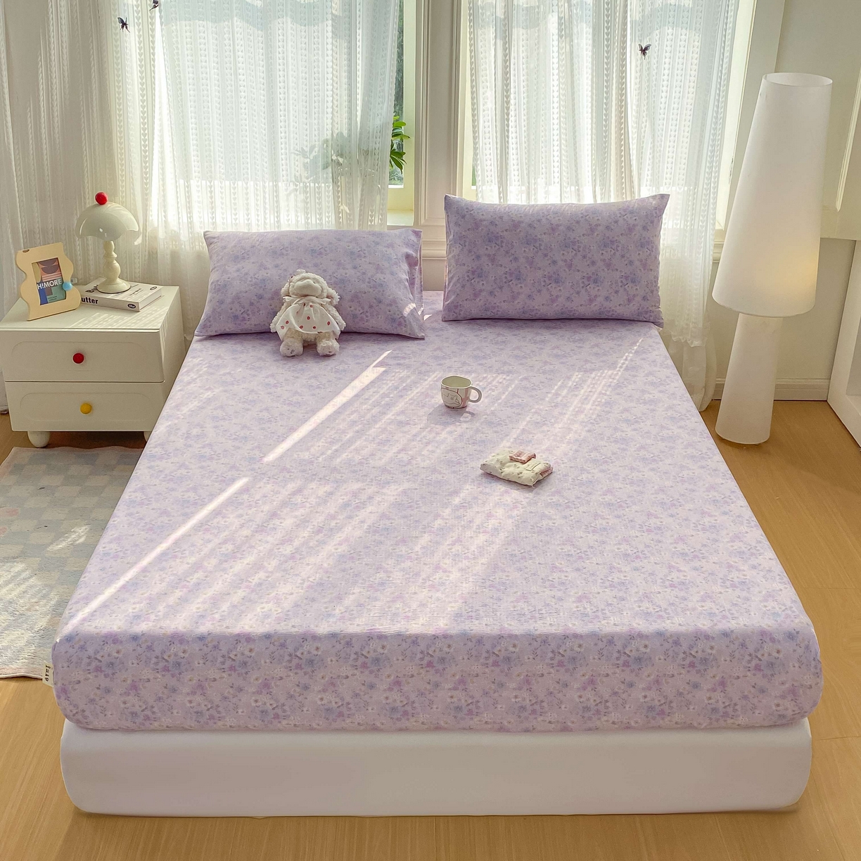 91家纺网 家纺一手货源 找家纺 眠势力 2026新款双层纱床笠单件云感皱皱纱床罩三件套床垫保护套 紫雾花汀