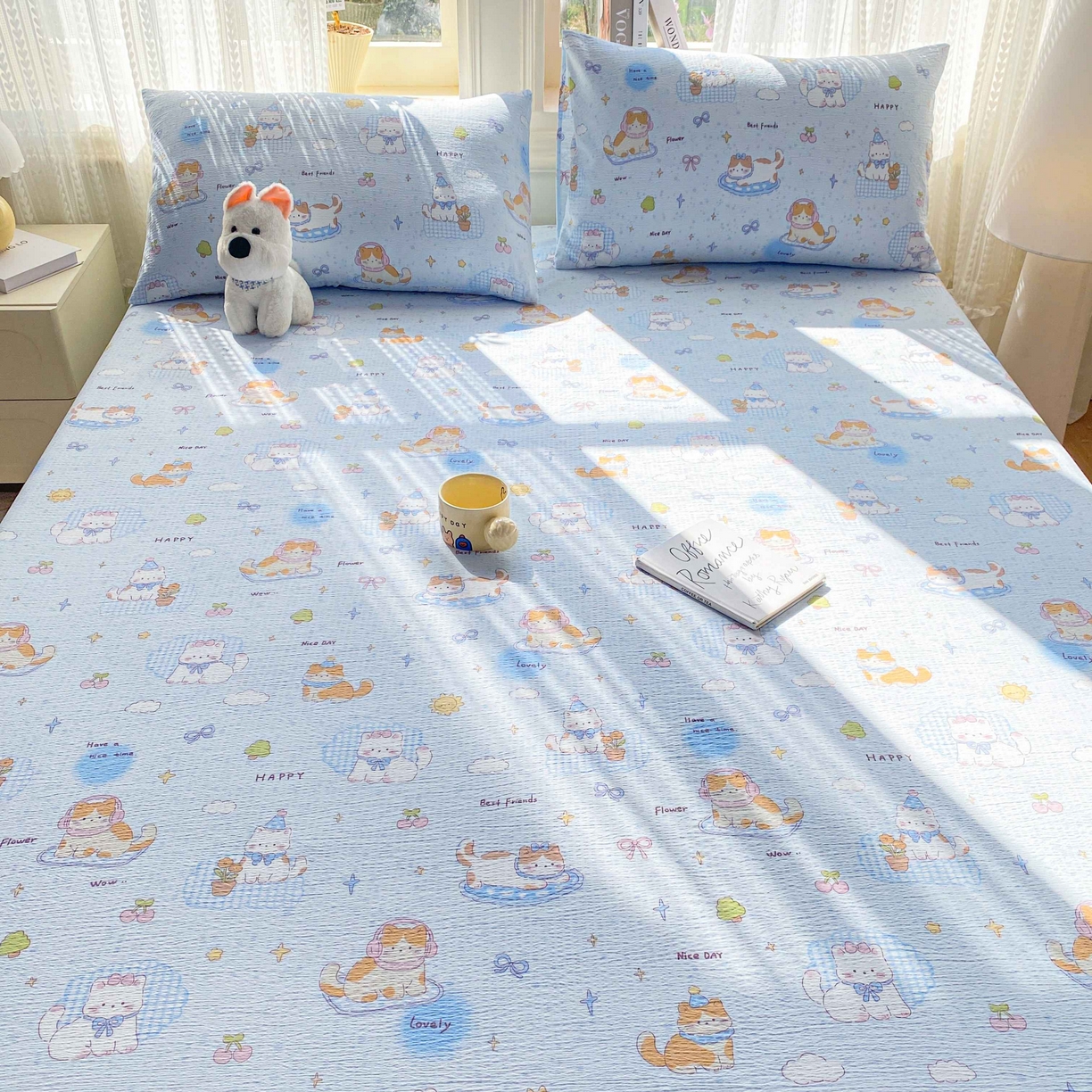 91家纺网 家纺一手货源 找家纺 眠势力 2026新款双层纱床笠单件云感皱皱纱床罩三件套床垫保护套 海盐奶猫