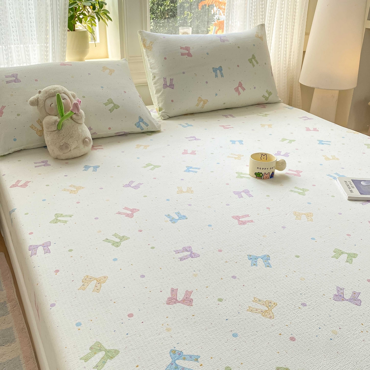 91家纺网 家纺一手货源 找家纺 眠势力 2026新款双层纱床笠单件云感皱皱纱床罩三件套床垫保护套 缤纷彩结