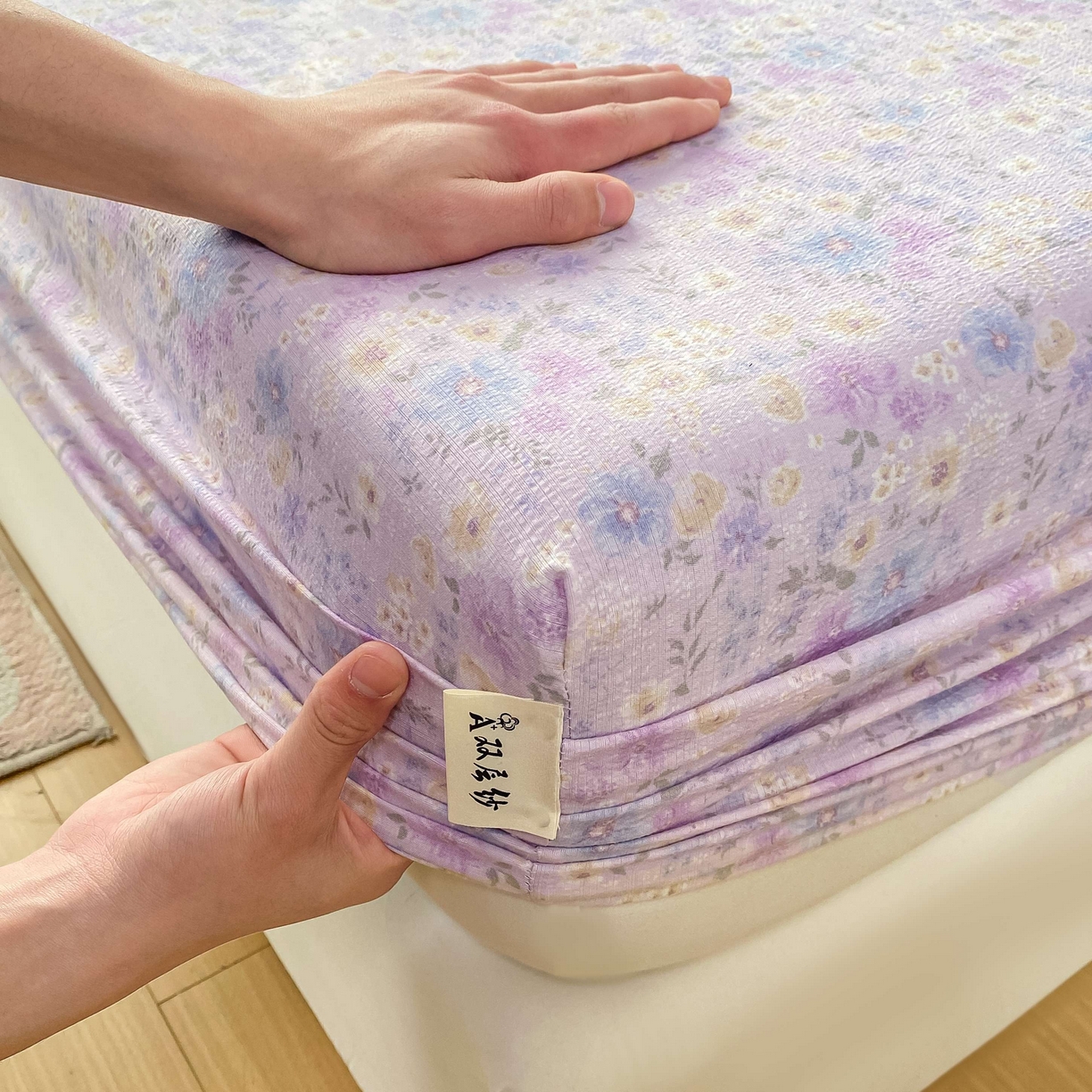 91家纺网 家纺一手货源 找家纺 眠势力 2026新款双层纱床笠单件云感皱皱纱床罩三件套床垫保护套 紫雾花汀