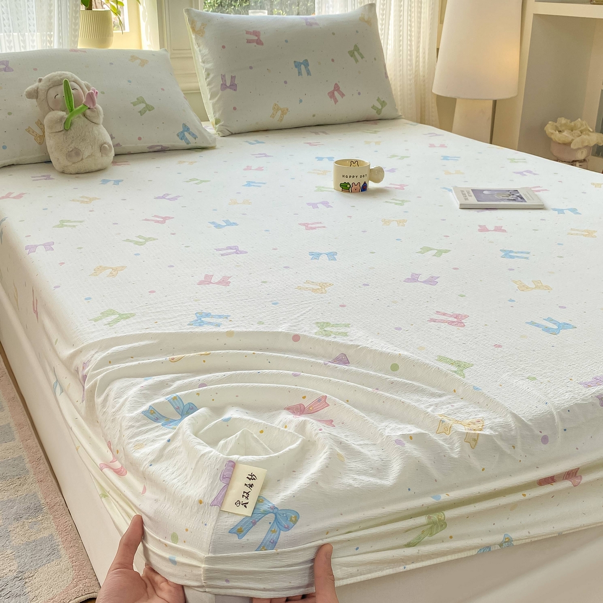 91家纺网 家纺一手货源 找家纺 眠势力 2026新款双层纱床笠单件云感皱皱纱床罩三件套床垫保护套 缤纷彩结