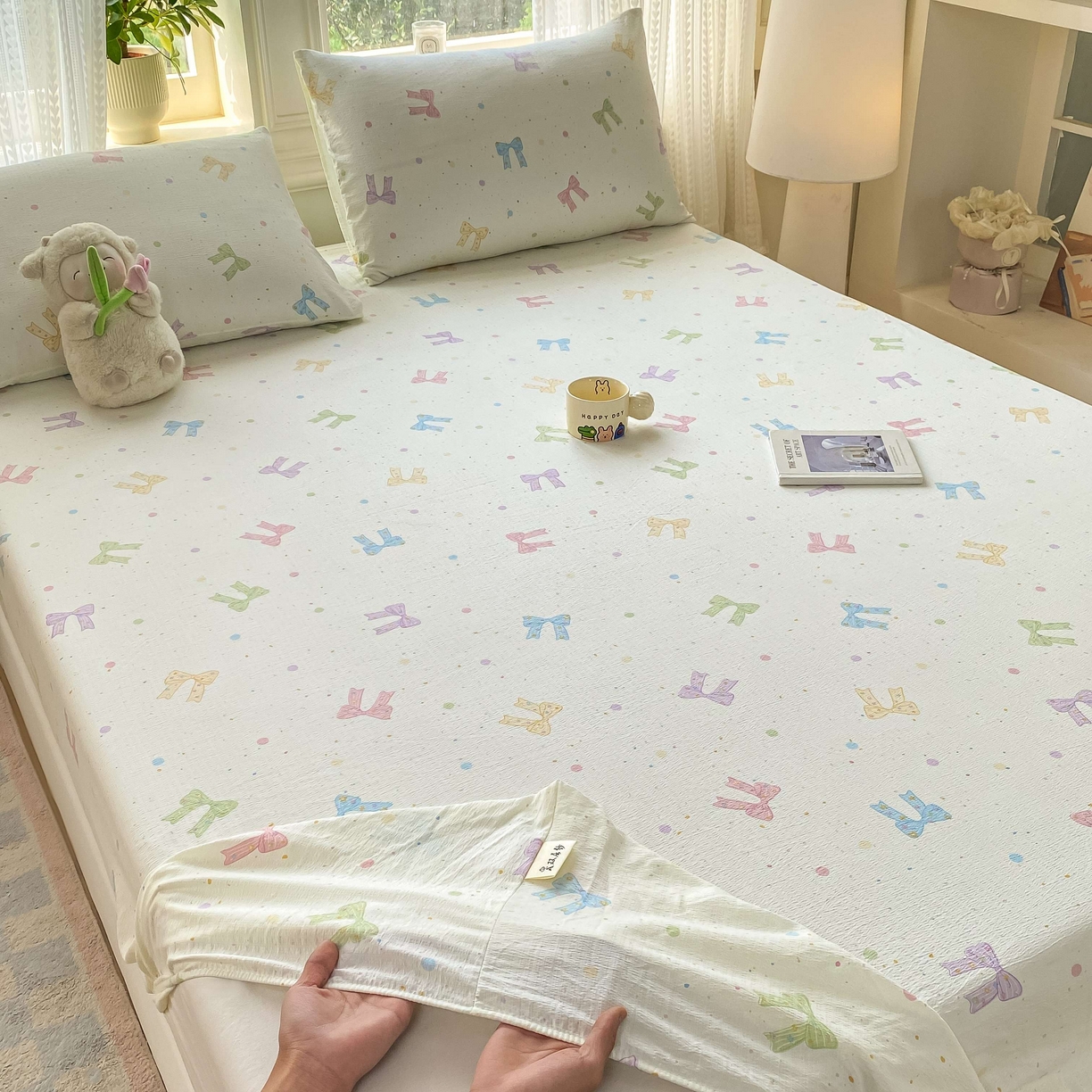 91家纺网 家纺一手货源 找家纺 眠势力 2026新款双层纱床笠单件云感皱皱纱床罩三件套床垫保护套 缤纷彩结