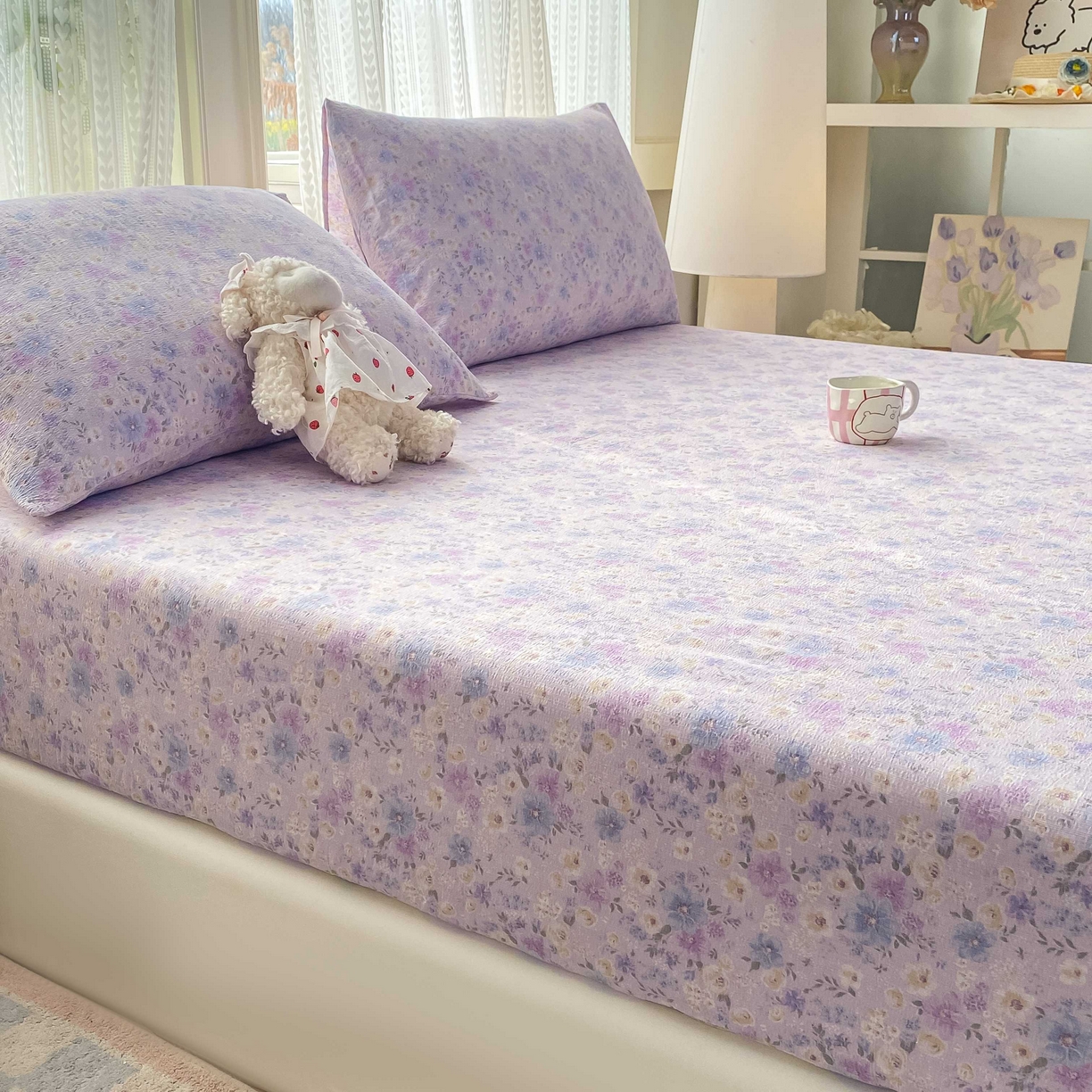 91家纺网 家纺一手货源 找家纺 眠势力 2026新款双层纱床笠单件云感皱皱纱床罩三件套床垫保护套 紫雾花汀