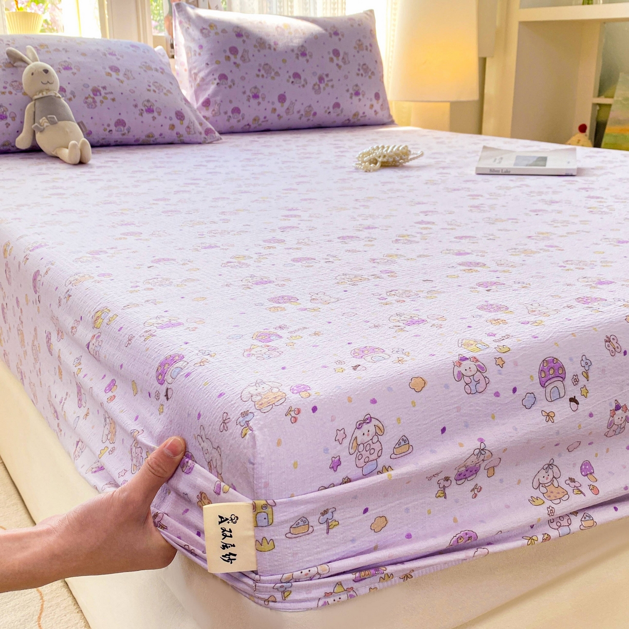 91家纺网 家纺一手货源 找家纺 眠势力 2026新款双层纱床笠单件云感皱皱纱床罩三件套床垫保护套 萌兔乐园