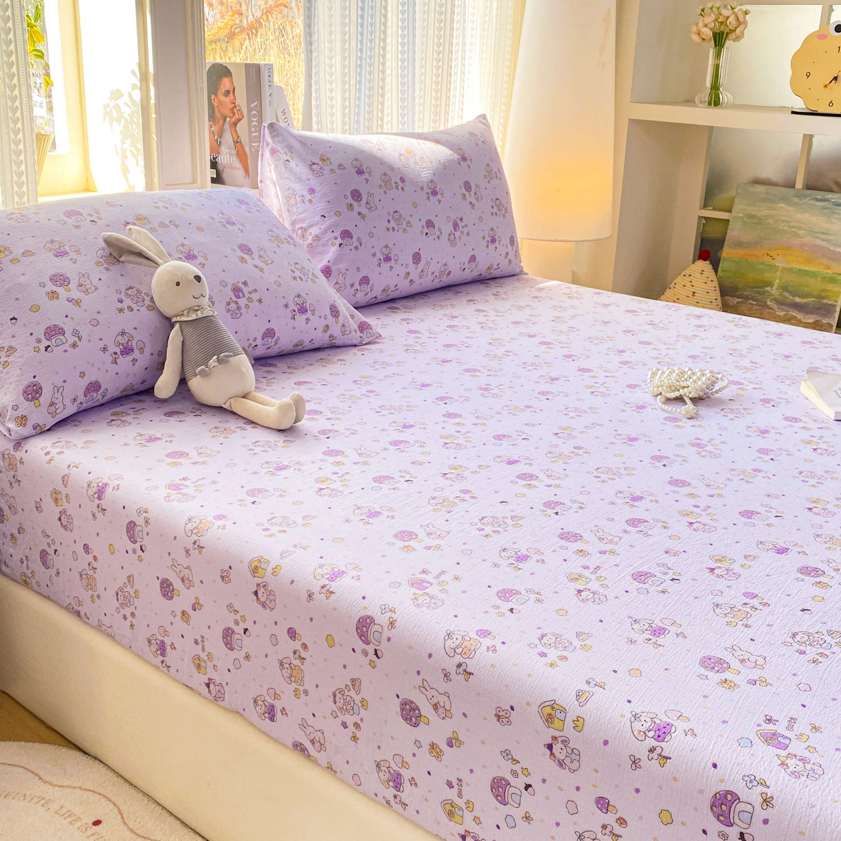 91家纺网 家纺一手货源 找家纺 眠势力 2026新款双层纱床笠单件云感皱皱纱床罩三件套床垫保护套 萌兔乐园