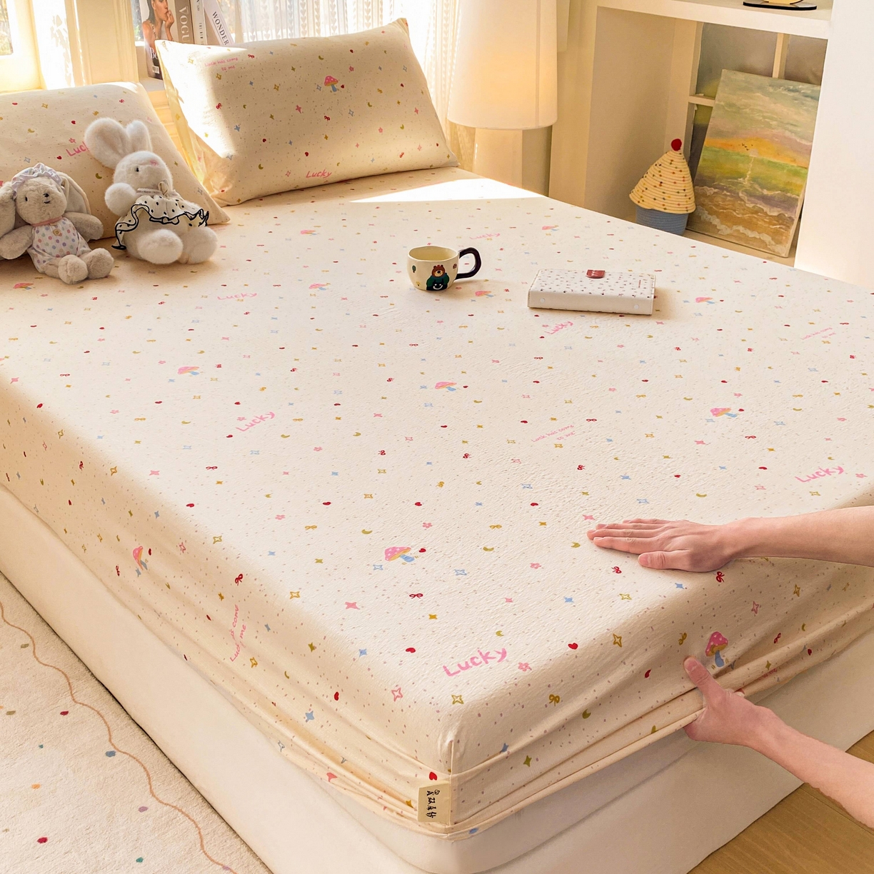 91家纺网 家纺一手货源 找家纺 眠势力 2026新款双层纱床笠单件云感皱皱纱床罩三件套床垫保护套 星梦甜心