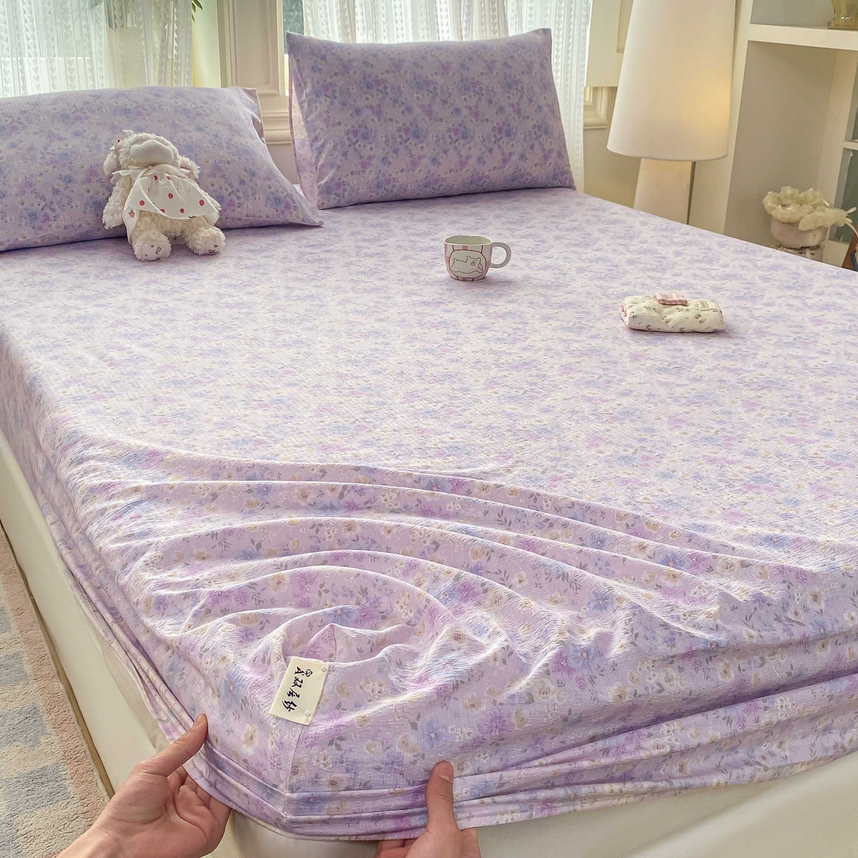 91家纺网 家纺一手货源 找家纺 眠势力 2026新款双层纱床笠单件云感皱皱纱床罩三件套床垫保护套 紫雾花汀