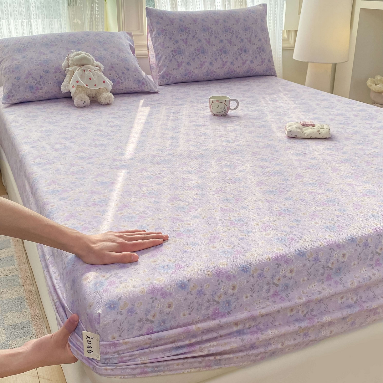 91家纺网 家纺一手货源 找家纺 眠势力 2026新款双层纱床笠单件云感皱皱纱床罩三件套床垫保护套 紫雾花汀