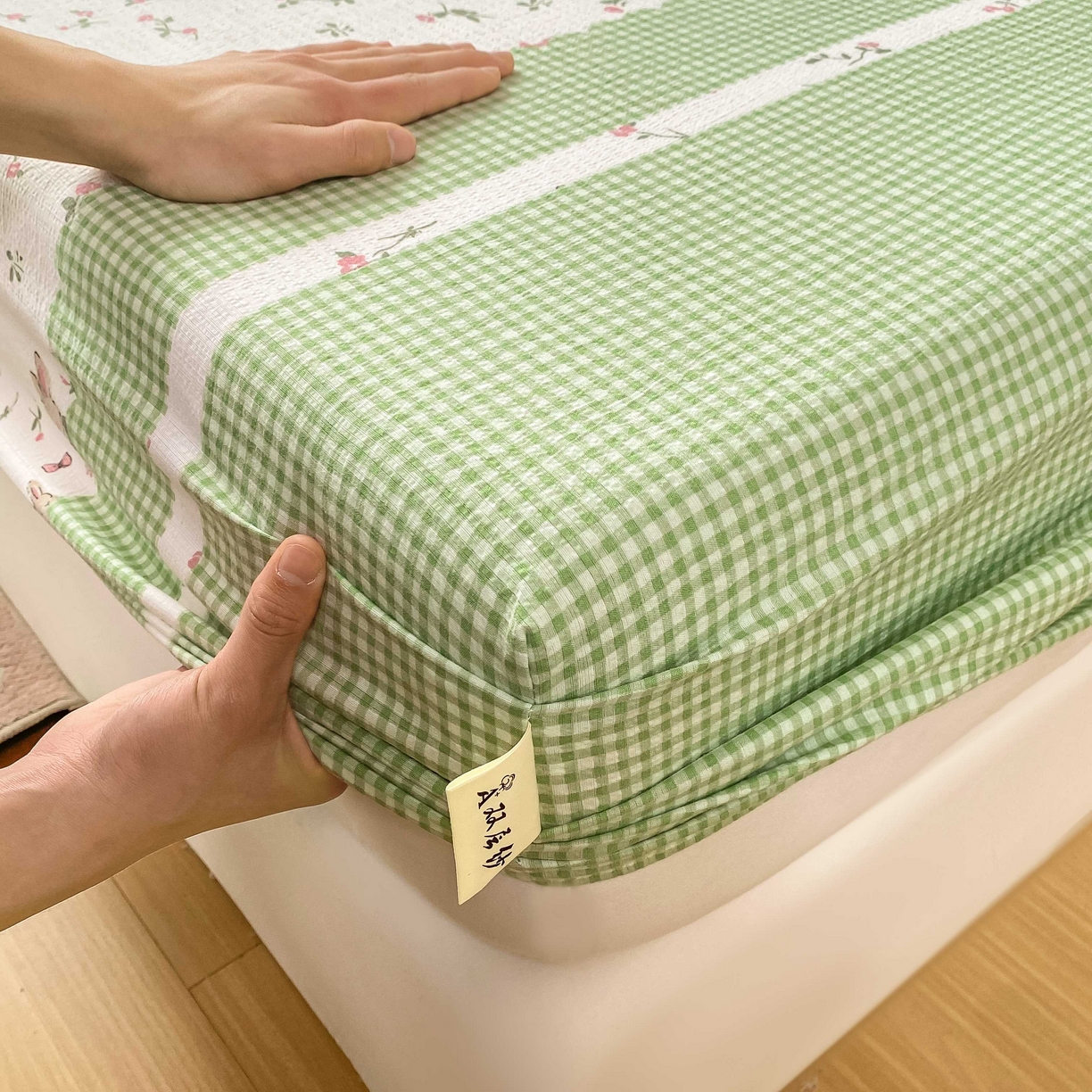 91家纺网 家纺一手货源 找家纺 眠势力 2026新款双层纱床笠单件云感皱皱纱床罩三件套床垫保护套 青樱兔语