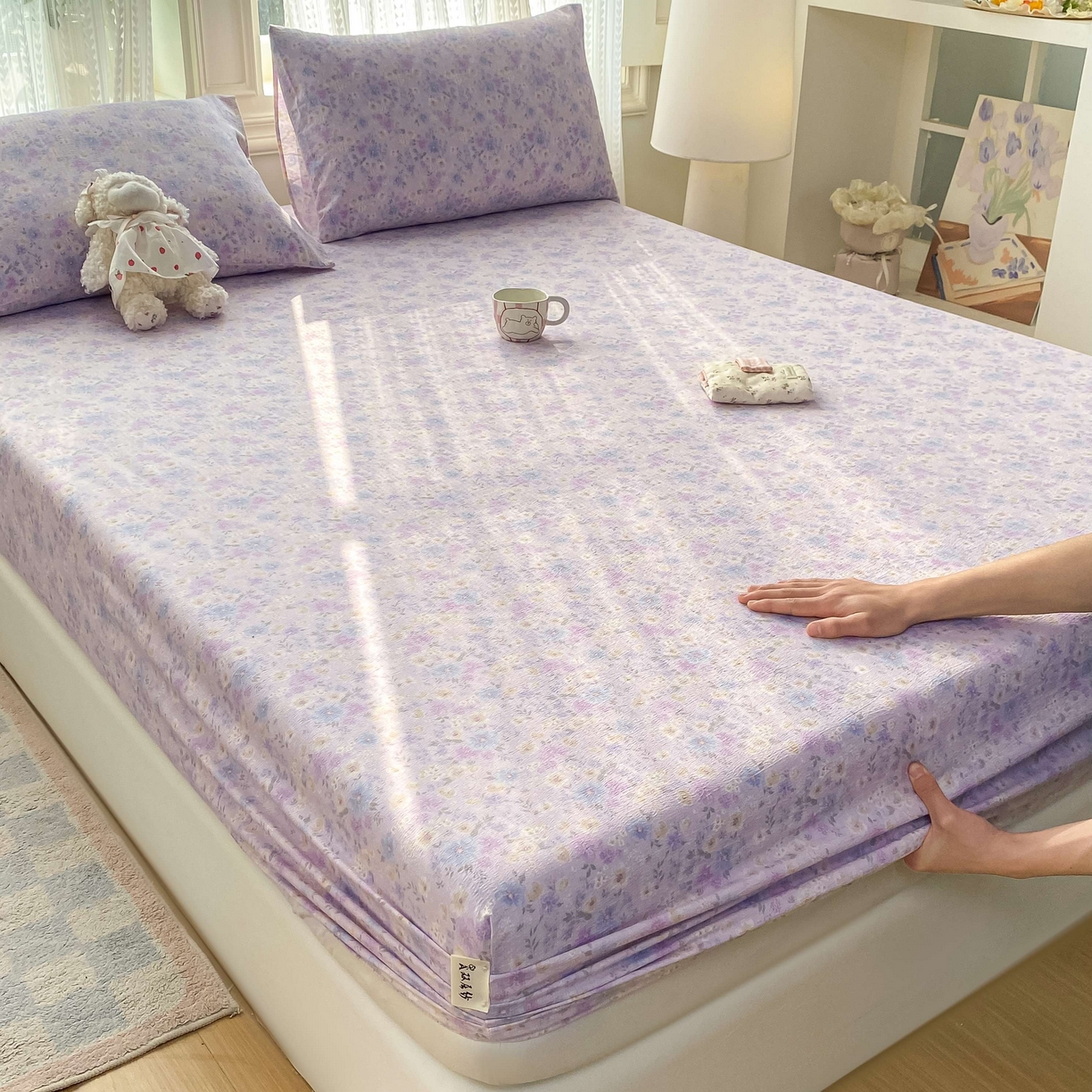 91家纺网 家纺一手货源 找家纺 眠势力 2026新款双层纱床笠单件云感皱皱纱床罩三件套床垫保护套 紫雾花汀