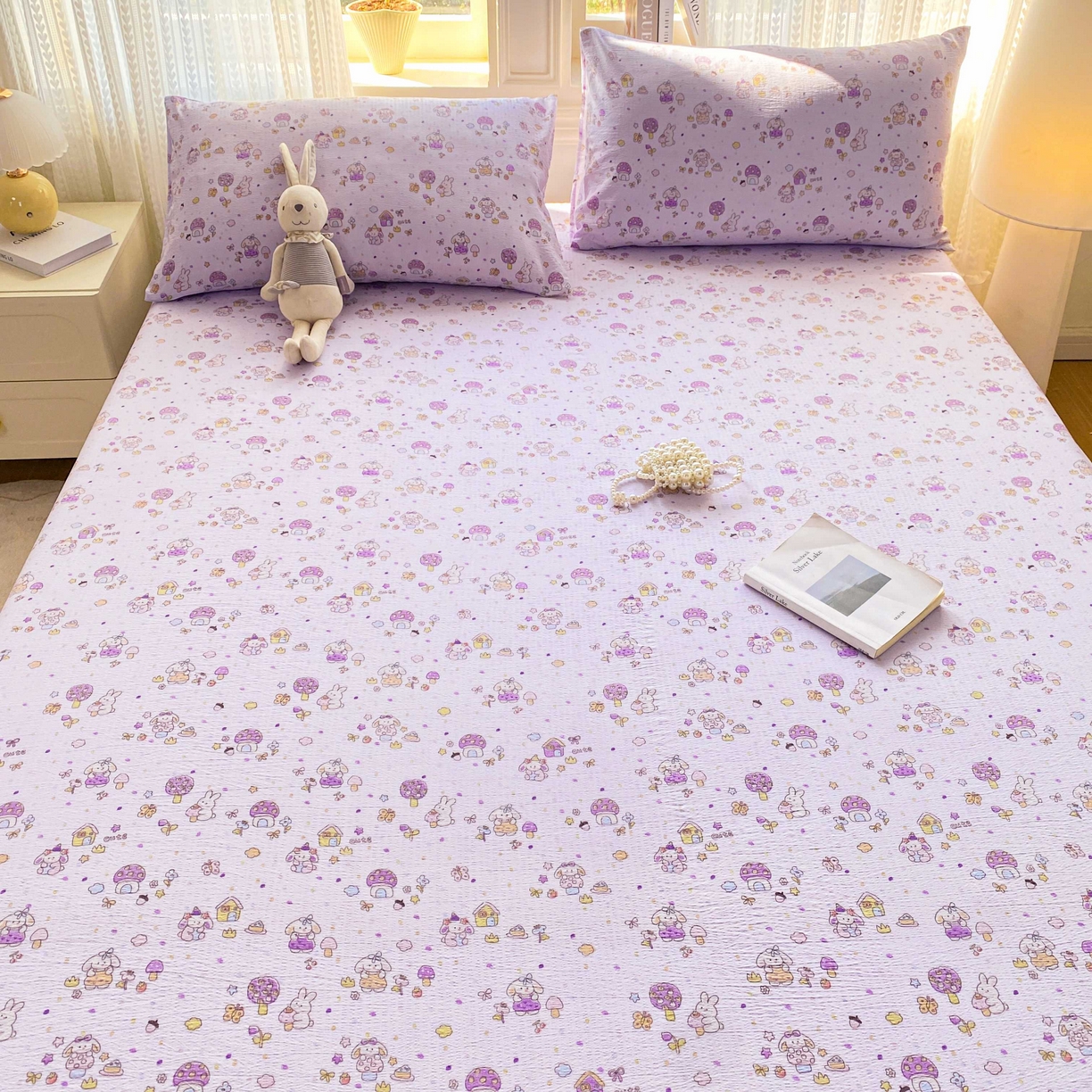 91家纺网 家纺一手货源 找家纺 眠势力 2026新款双层纱床笠单件云感皱皱纱床罩三件套床垫保护套 萌兔乐园