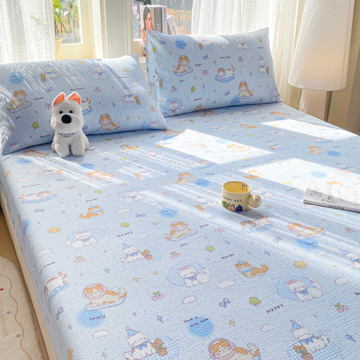 91家纺网 家纺一手货源 找家纺 眠势力 2026新款双层纱床笠单件云感皱皱纱床罩三件套床垫保护套 海盐奶猫