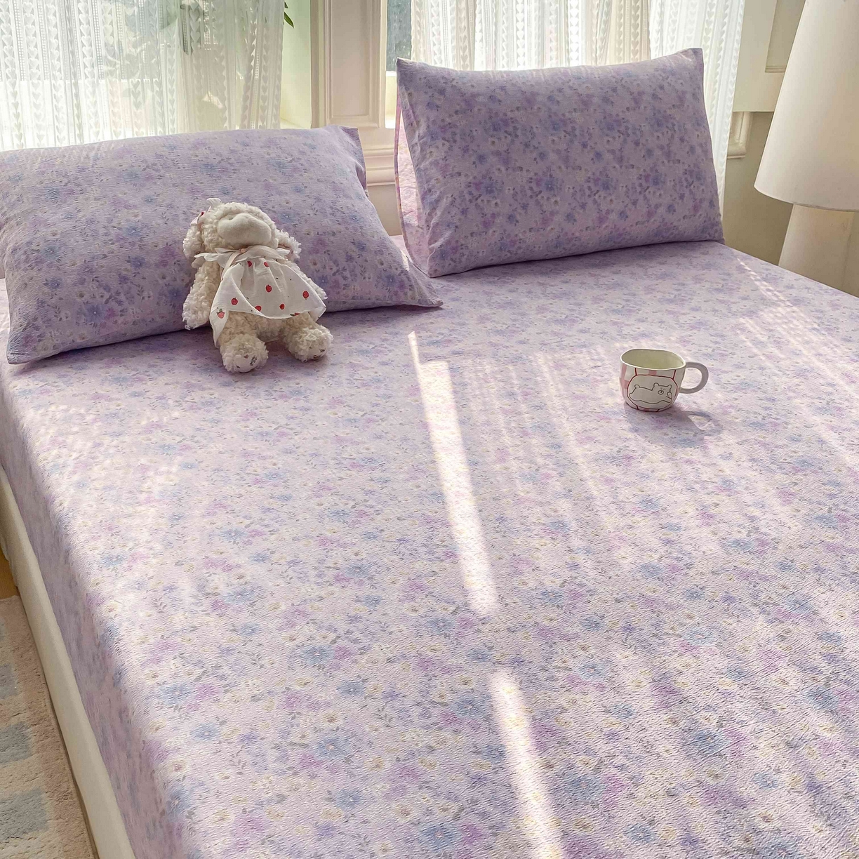 91家纺网 家纺一手货源 找家纺 眠势力 2026新款双层纱床笠单件云感皱皱纱床罩三件套床垫保护套 紫雾花汀