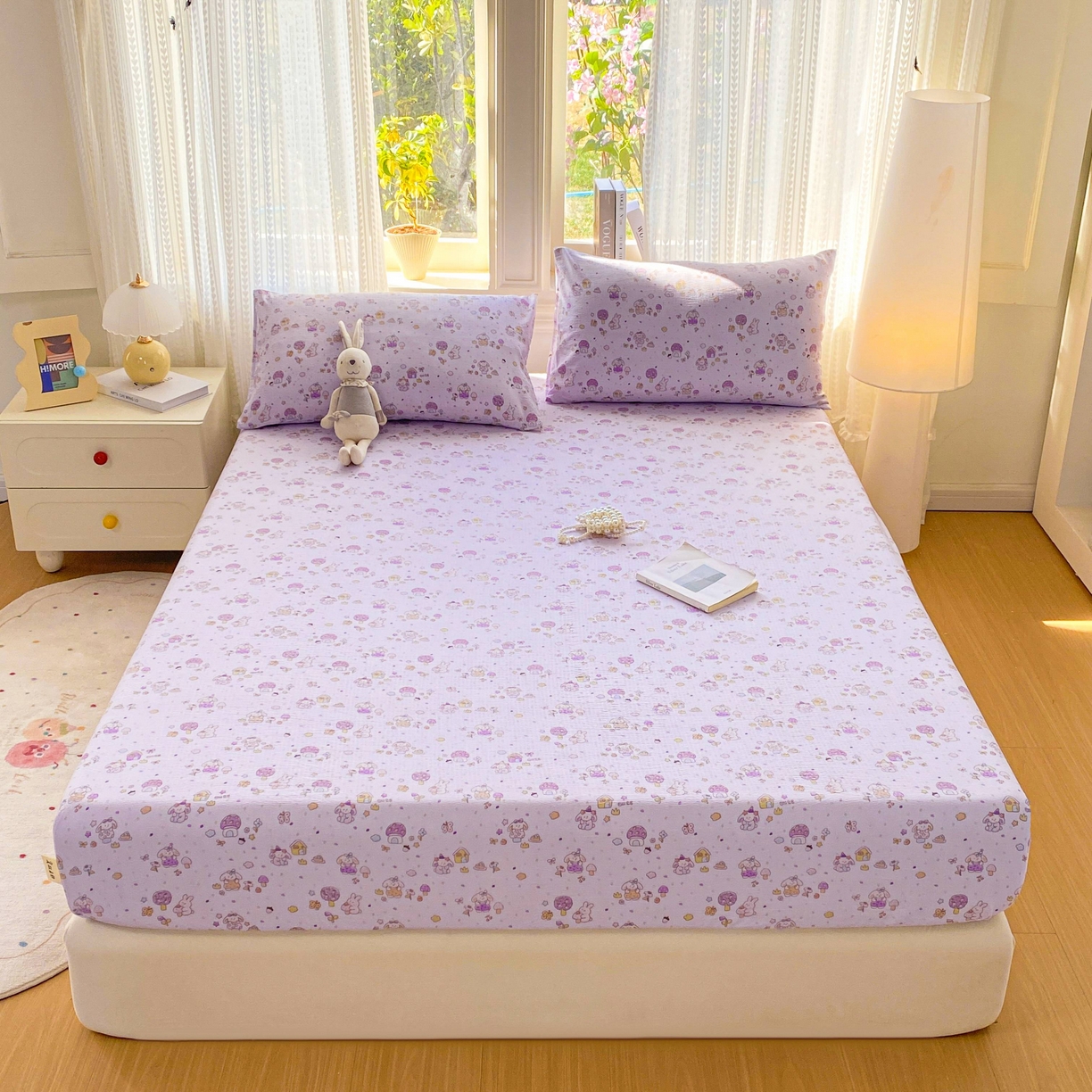 91家纺网 家纺一手货源 找家纺 眠势力 2026新款双层纱床笠单件云感皱皱纱床罩三件套床垫保护套 萌兔乐园