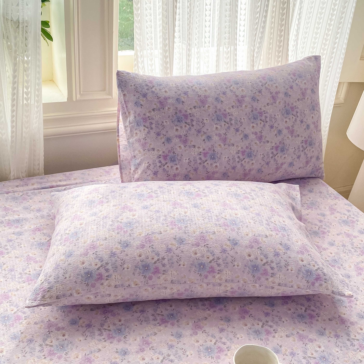 91家纺网 家纺一手货源 找家纺 眠势力 2026新款双层纱床笠单件云感皱皱纱床罩三件套床垫保护套 紫雾花汀