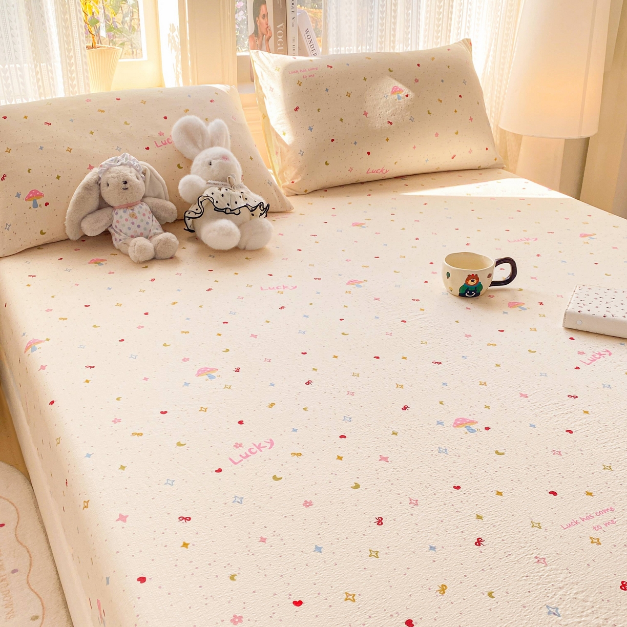 91家纺网 家纺一手货源 找家纺 眠势力 2026新款双层纱床笠单件云感皱皱纱床罩三件套床垫保护套 星梦甜心