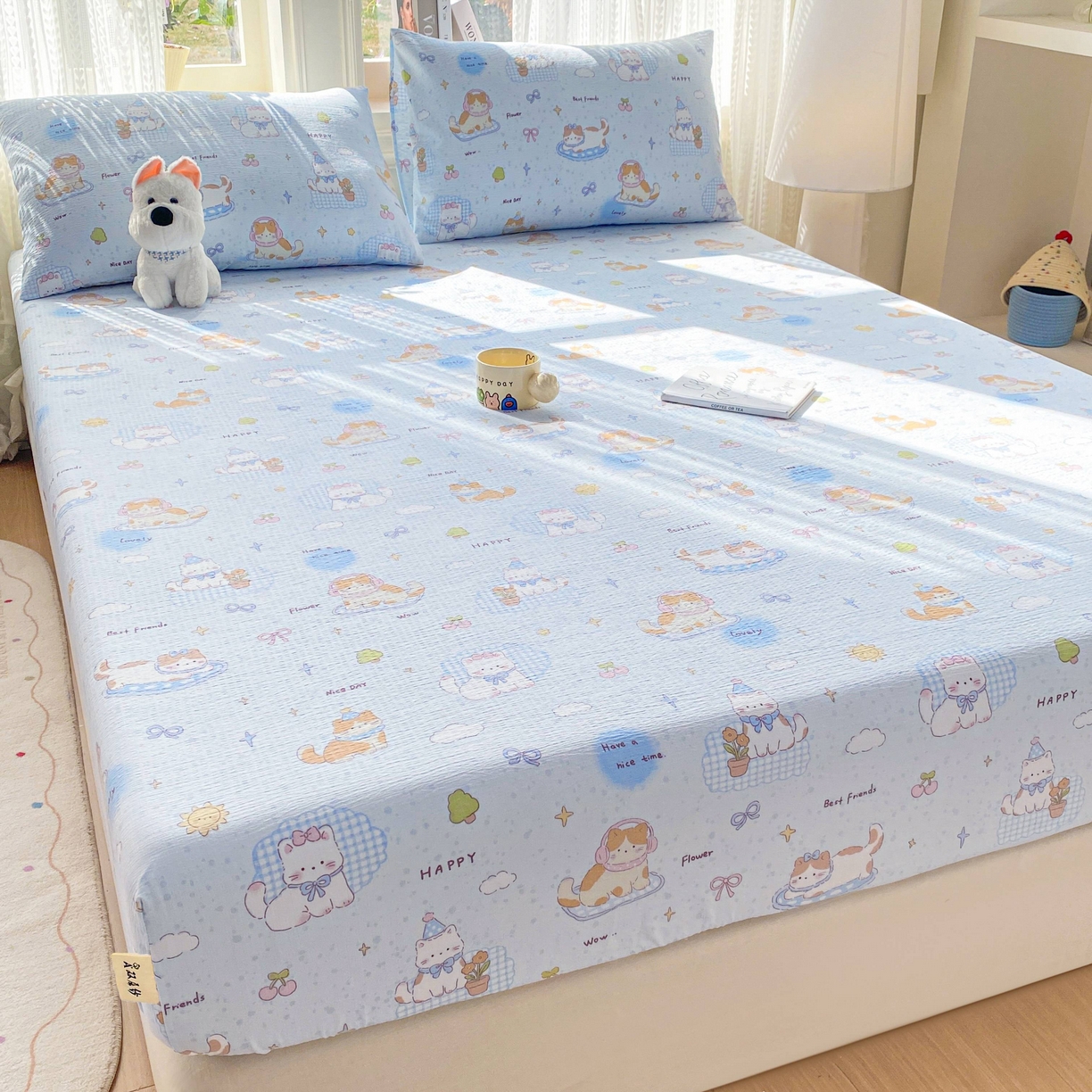 91家纺网 家纺一手货源 找家纺 眠势力 2026新款双层纱床笠单件云感皱皱纱床罩三件套床垫保护套 海盐奶猫