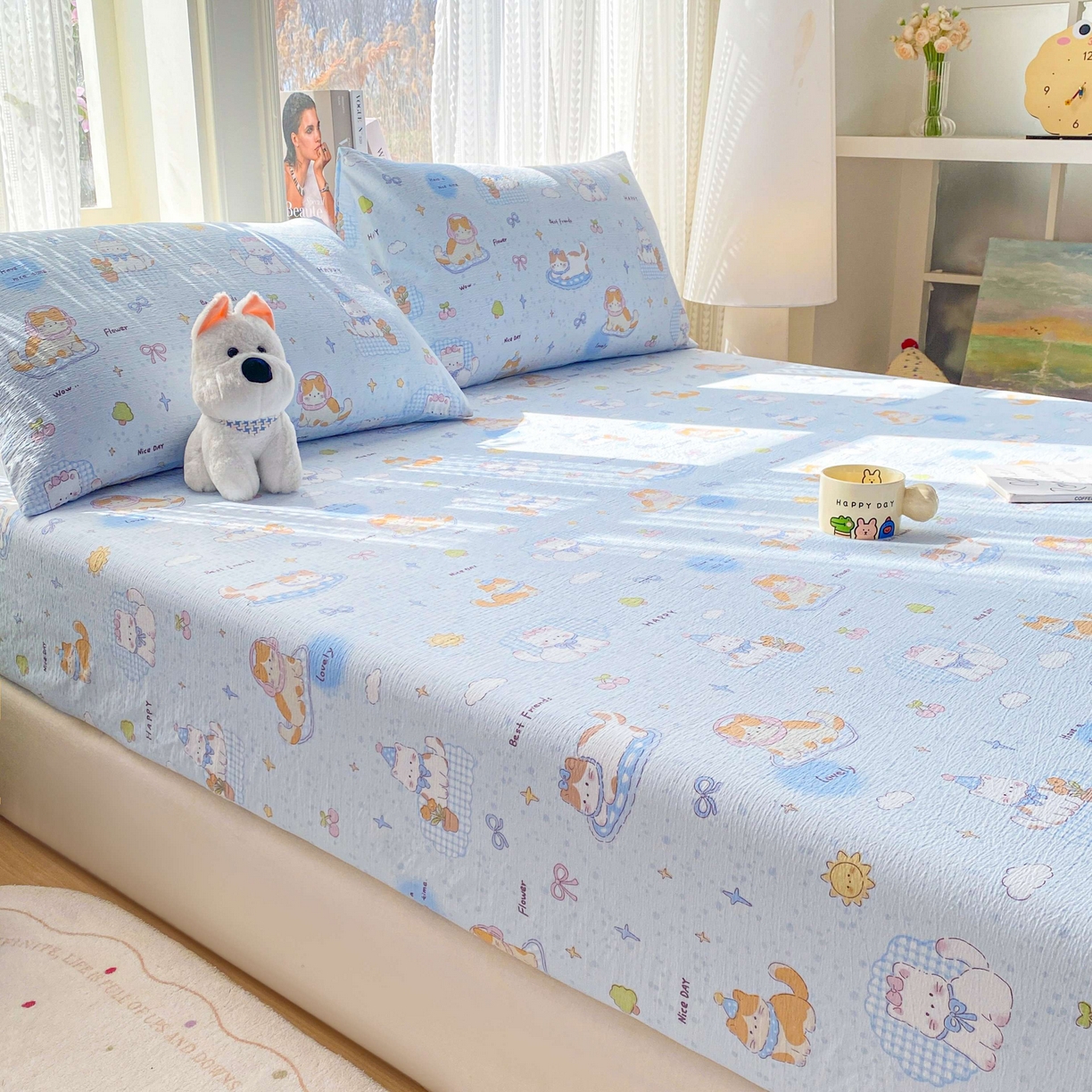 91家纺网 家纺一手货源 找家纺 眠势力 2026新款双层纱床笠单件云感皱皱纱床罩三件套床垫保护套 海盐奶猫