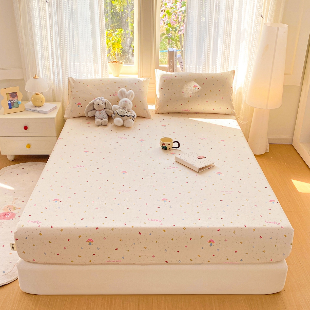 91家纺网 家纺一手货源 找家纺 眠势力 2026新款双层纱床笠单件云感皱皱纱床罩三件套床垫保护套 星梦甜心