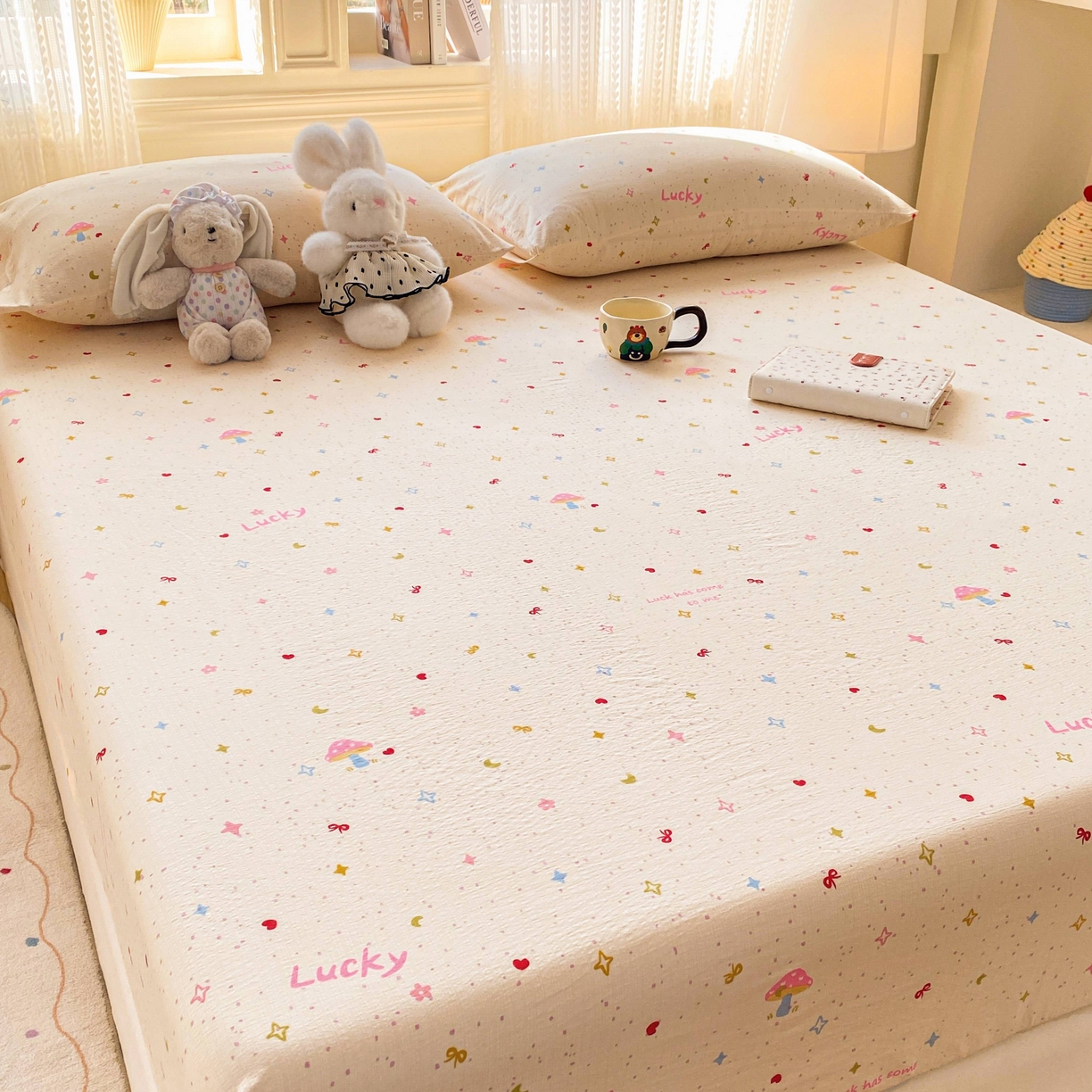 91家纺网 家纺一手货源 找家纺 眠势力 2026新款双层纱床笠单件云感皱皱纱床罩三件套床垫保护套 星梦甜心