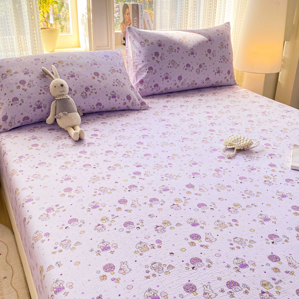 91家纺网 家纺一手货源 找家纺 眠势力 2026新款双层纱床笠单件云感皱皱纱床罩三件套床垫保护套 萌兔乐园