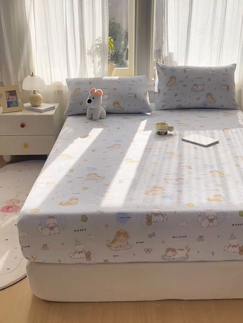 91家纺网 家纺一手货源 找家纺 眠势力 2026新款双层纱床笠单件云感皱皱纱床罩三件套床垫保护套 海盐奶猫