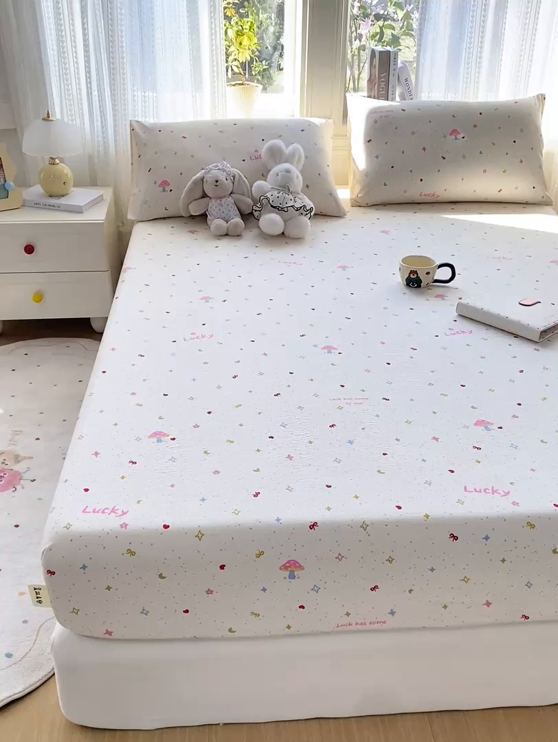 91家纺网 家纺一手货源 找家纺 眠势力 2026新款双层纱床笠单件云感皱皱纱床罩三件套床垫保护套 星梦甜心