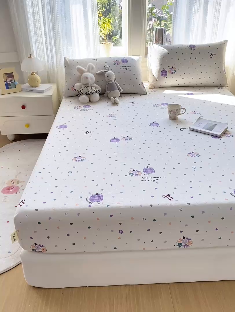 91家纺网 家纺一手货源 找家纺 眠势力 2026新款双层纱床笠单件云感皱皱纱床罩三件套床垫保护套 紫芋南瓜