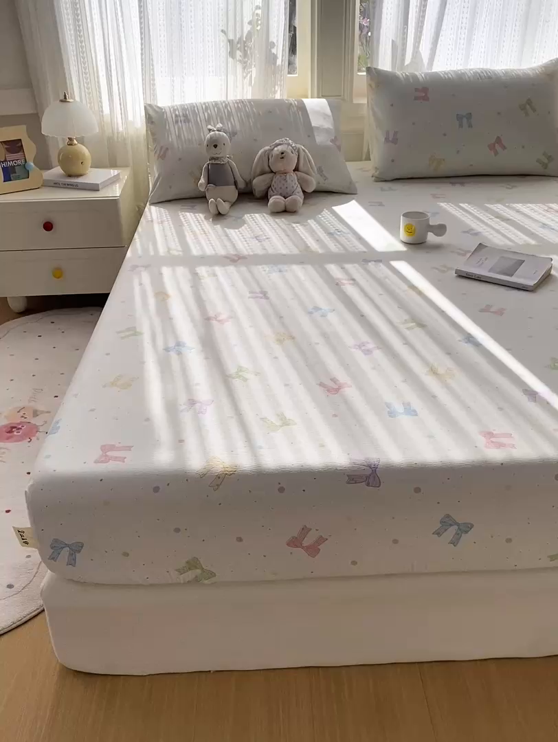 91家纺网 家纺一手货源 找家纺 眠势力 2026新款双层纱床笠单件云感皱皱纱床罩三件套床垫保护套 缤纷彩结