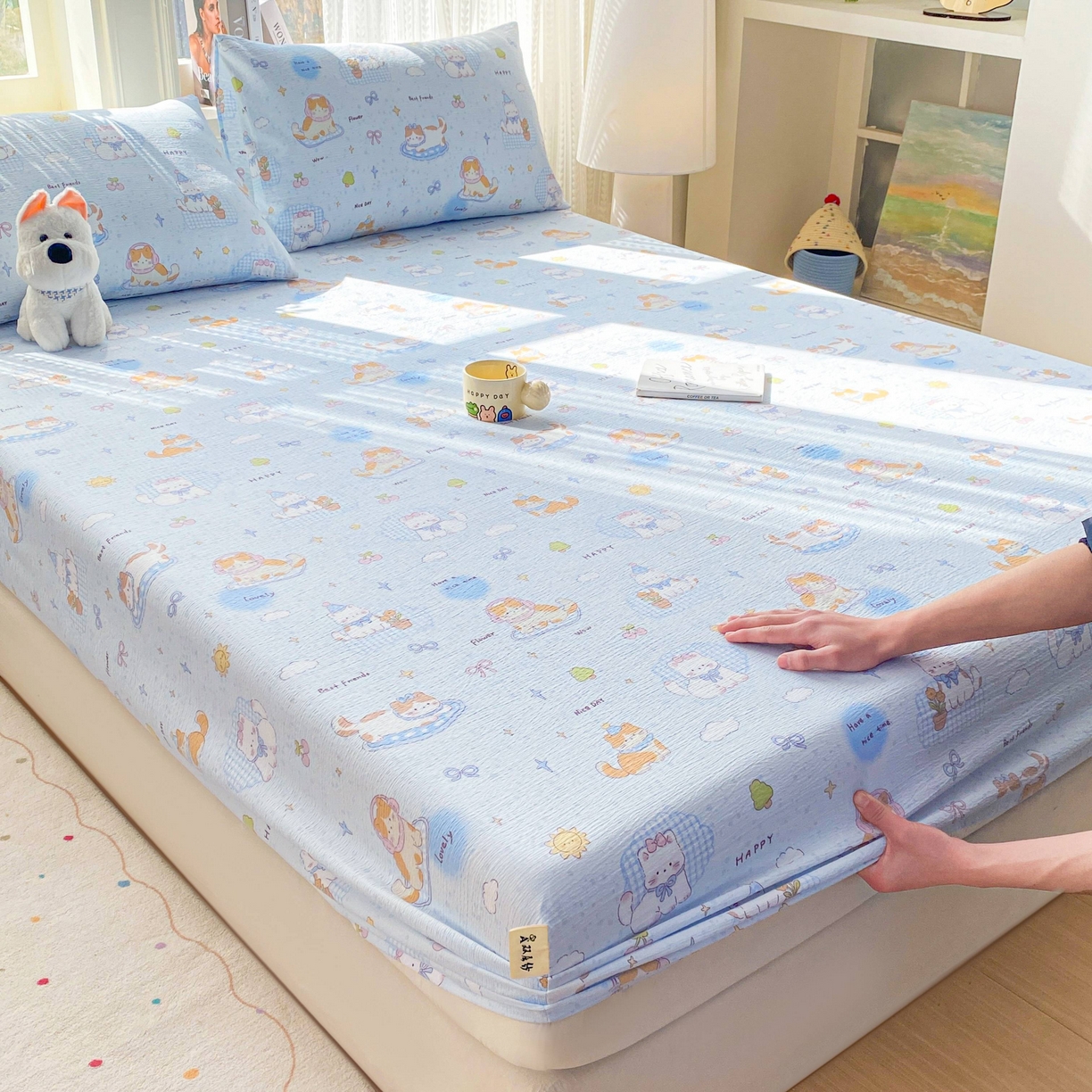 91家纺网 家纺一手货源 找家纺 眠势力 2026新款双层纱床笠单件云感皱皱纱床罩三件套床垫保护套 海盐奶猫