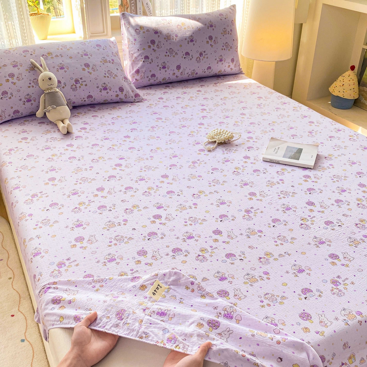 91家纺网 家纺一手货源 找家纺 眠势力 2026新款双层纱床笠单件云感皱皱纱床罩三件套床垫保护套 萌兔乐园