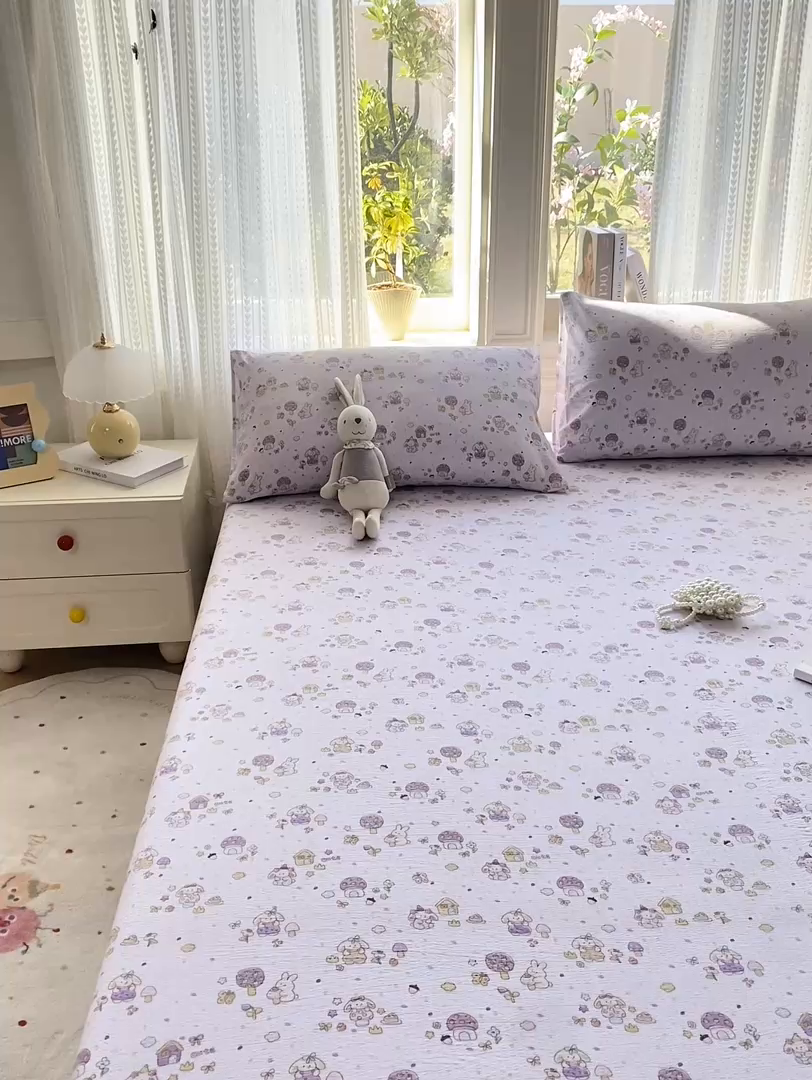 91家纺网 家纺一手货源 找家纺 眠势力 2026新款双层纱床笠单件云感皱皱纱床罩三件套床垫保护套 萌兔乐园