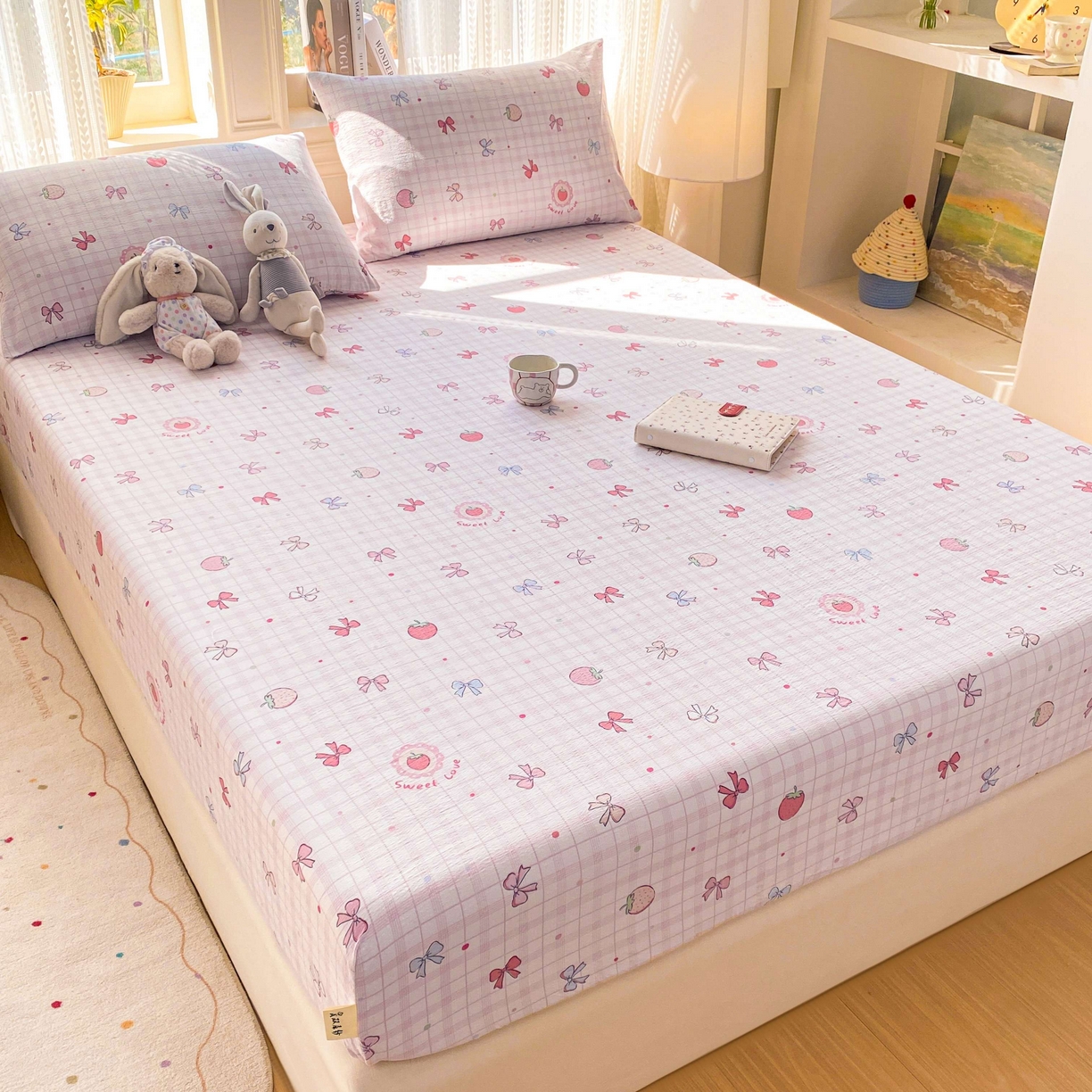 91家纺网 家纺一手货源 找家纺 眠势力 2026新款双层纱床笠单件云感皱皱纱床罩三件套床垫保护套 草莓蝴蝶结