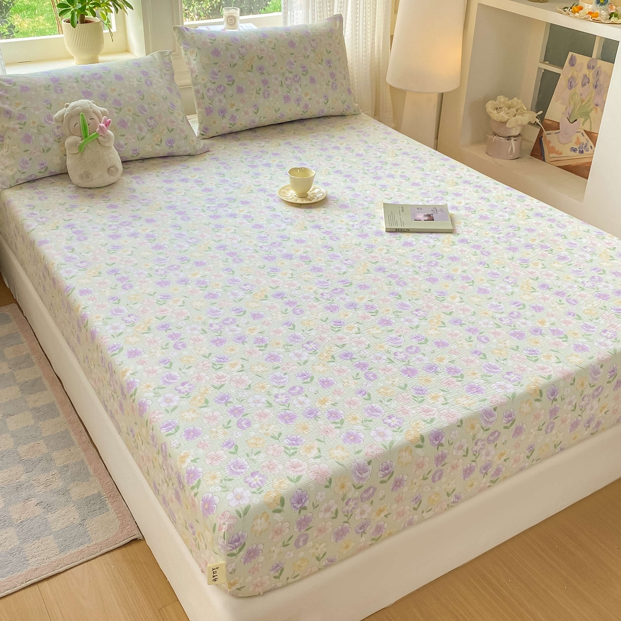 91家纺网 家纺一手货源 找家纺 眠势力 2026新款双层纱床笠单件云感皱皱纱床罩三件套床垫保护套 春野织梦