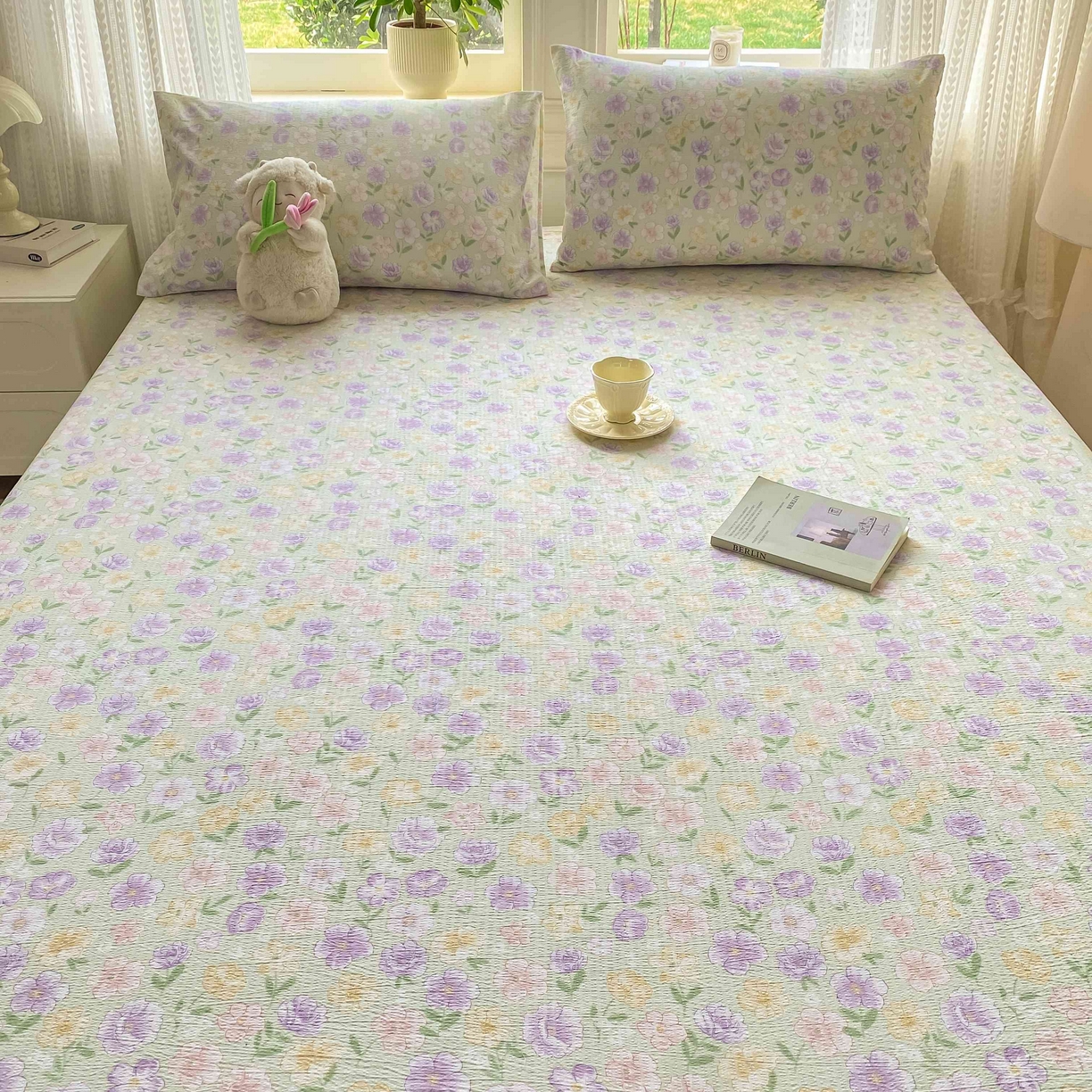 91家纺网 家纺一手货源 找家纺 眠势力 2026新款双层纱床笠单件云感皱皱纱床罩三件套床垫保护套 春野织梦