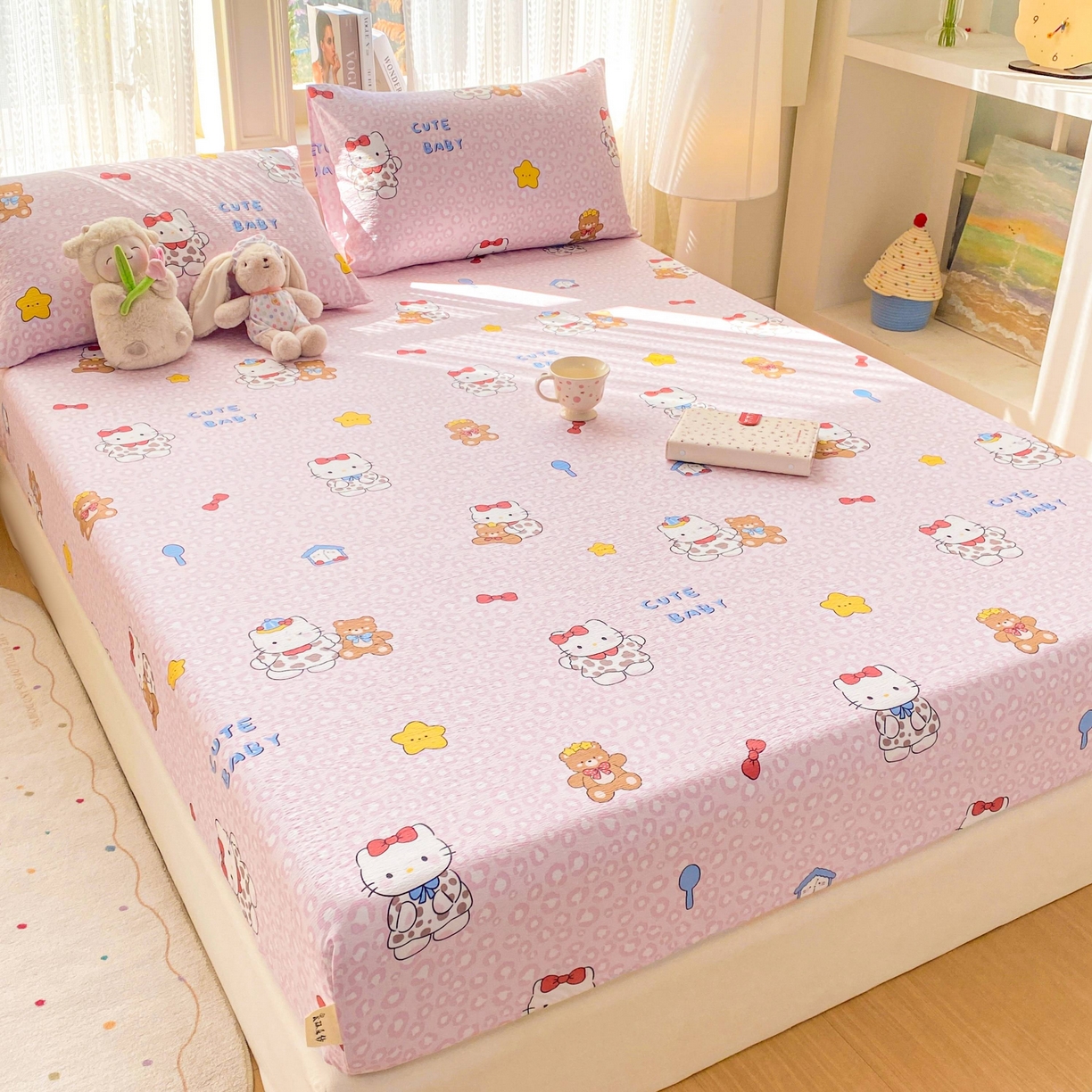 91家纺网 家纺一手货源 找家纺 眠势力 2026新款双层纱床笠单件云感皱皱纱床罩三件套床垫保护套 哈喽猫咪