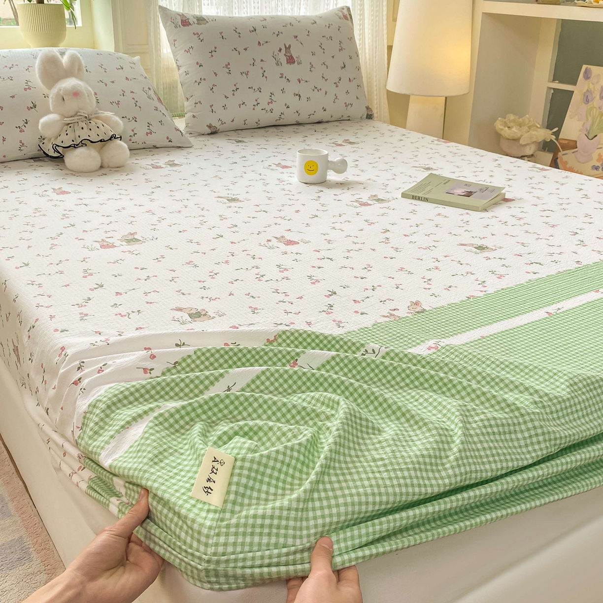 91家纺网 家纺一手货源 找家纺 眠势力 2026新款双层纱床笠单件云感皱皱纱床罩三件套床垫保护套 青樱兔语