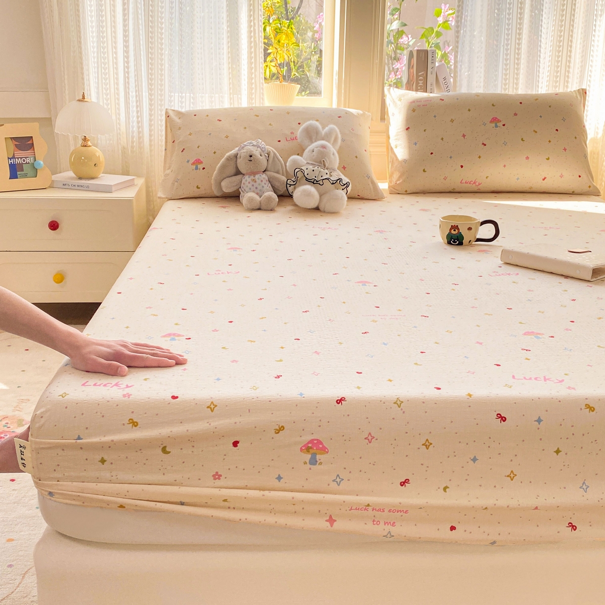 91家纺网 家纺一手货源 找家纺 眠势力 2026新款双层纱床笠单件云感皱皱纱床罩三件套床垫保护套 星梦甜心