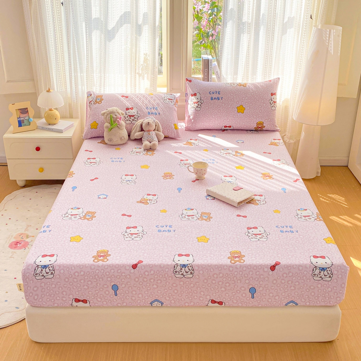 91家纺网 家纺一手货源 找家纺 眠势力 2026新款双层纱床笠单件云感皱皱纱床罩三件套床垫保护套 哈喽猫咪