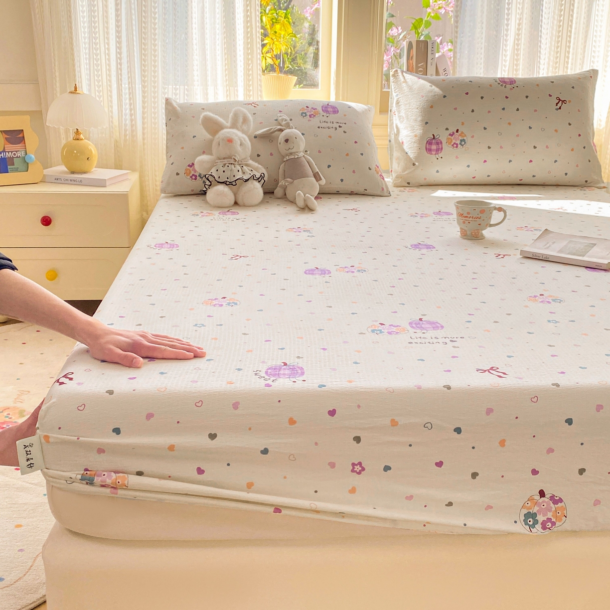 91家纺网 家纺一手货源 找家纺 眠势力 2026新款双层纱床笠单件云感皱皱纱床罩三件套床垫保护套 紫芋南瓜