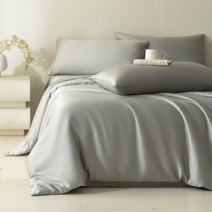 禾时 2026新款60支奥地利兰精双拼纯色天丝四件套 云纱灰