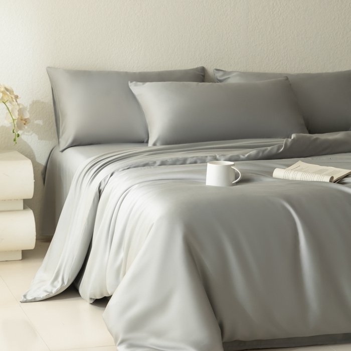 91家纺网 家纺一手货源 找家纺 禾时 2026新款60支奥地利兰精双拼纯色天丝四件套 云纱灰